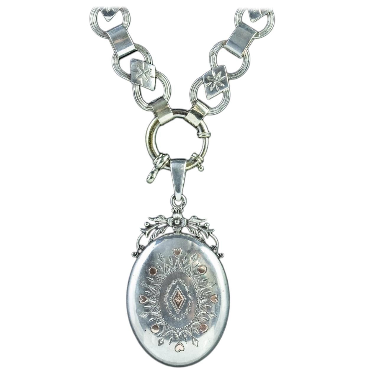 Antique Victorian Silver Locket Collar Necklace, circa 1880 For Sale