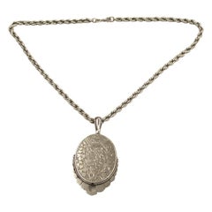 Antique Victorian Silver Locket Dated circa 1880 on Later Silver Rope Chain