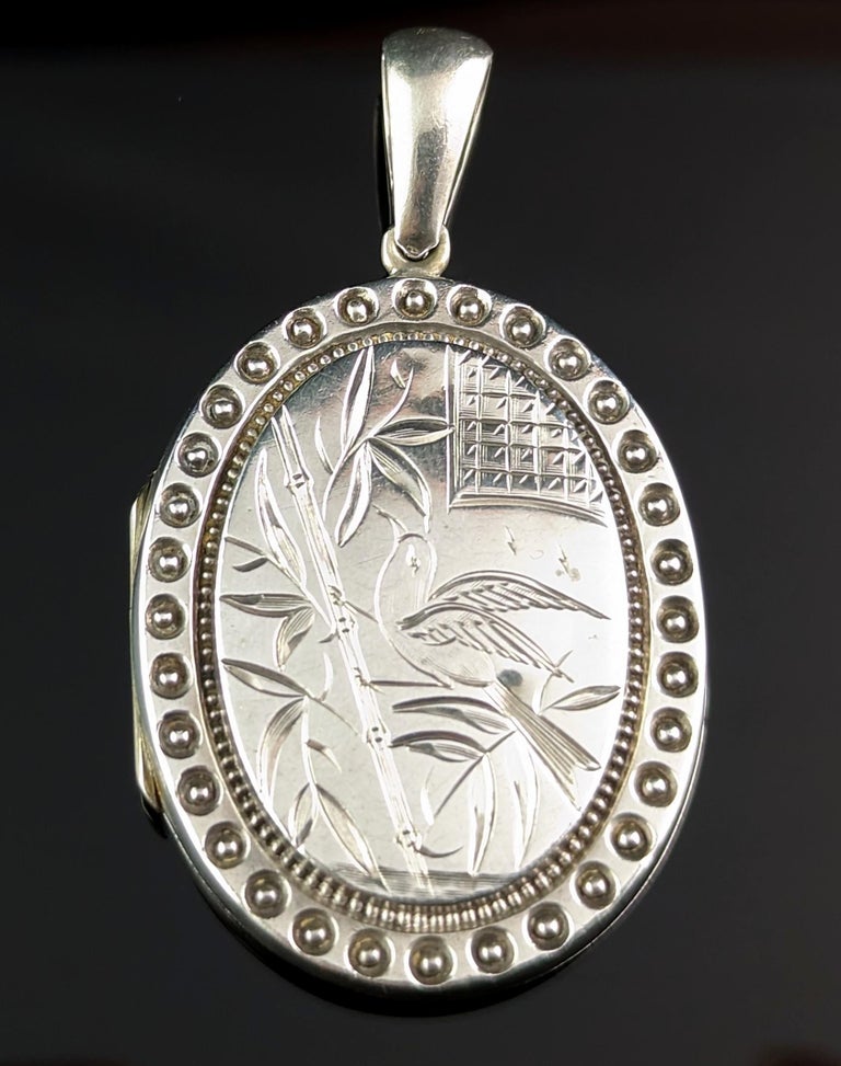 Antique Victorian Silver Locket Pendant, Birds, Aesthetic at