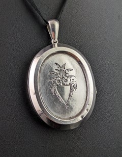 Antique Victorian silver locket pendant, Floral, large