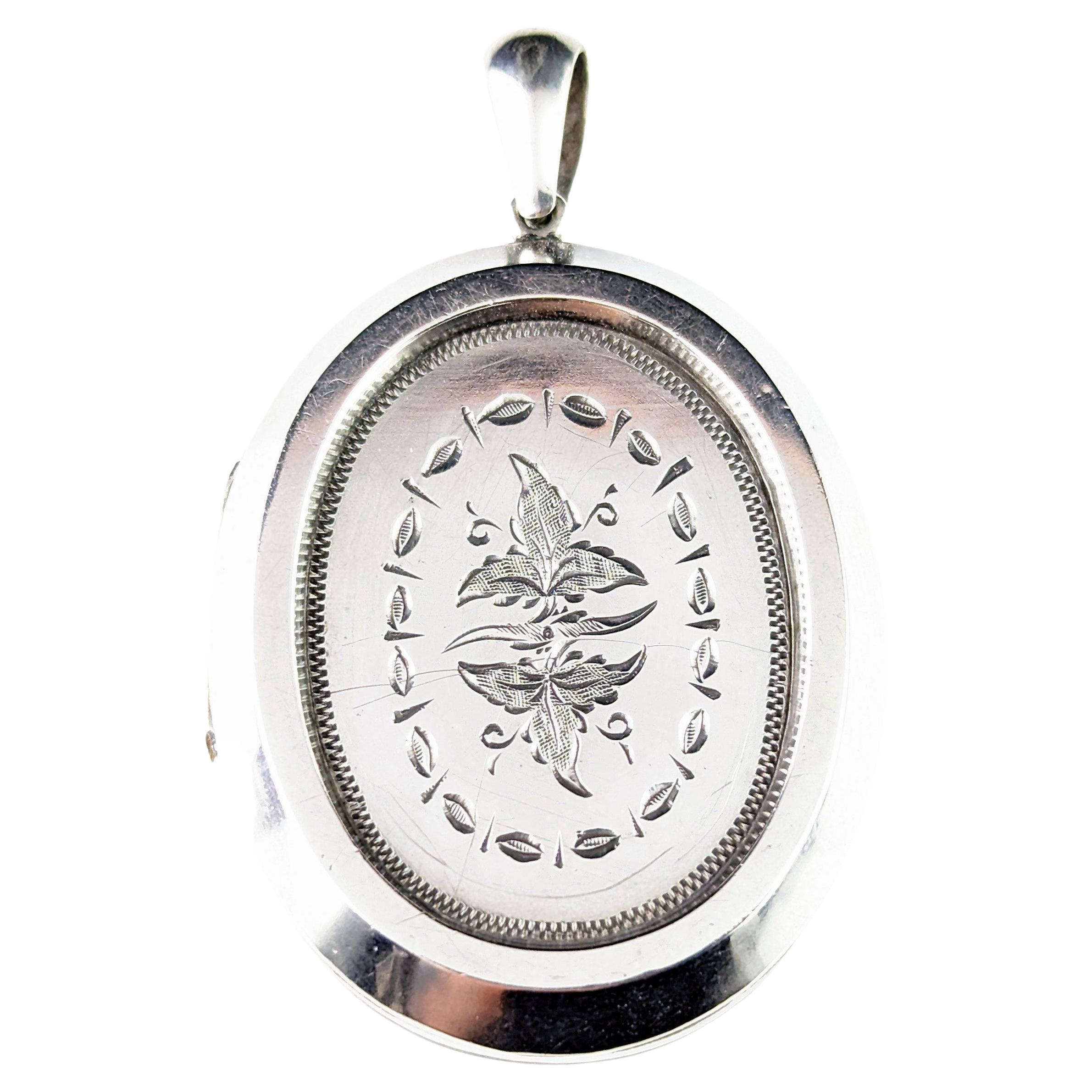 Antique Victorian silver locket pendant, Floral, large 