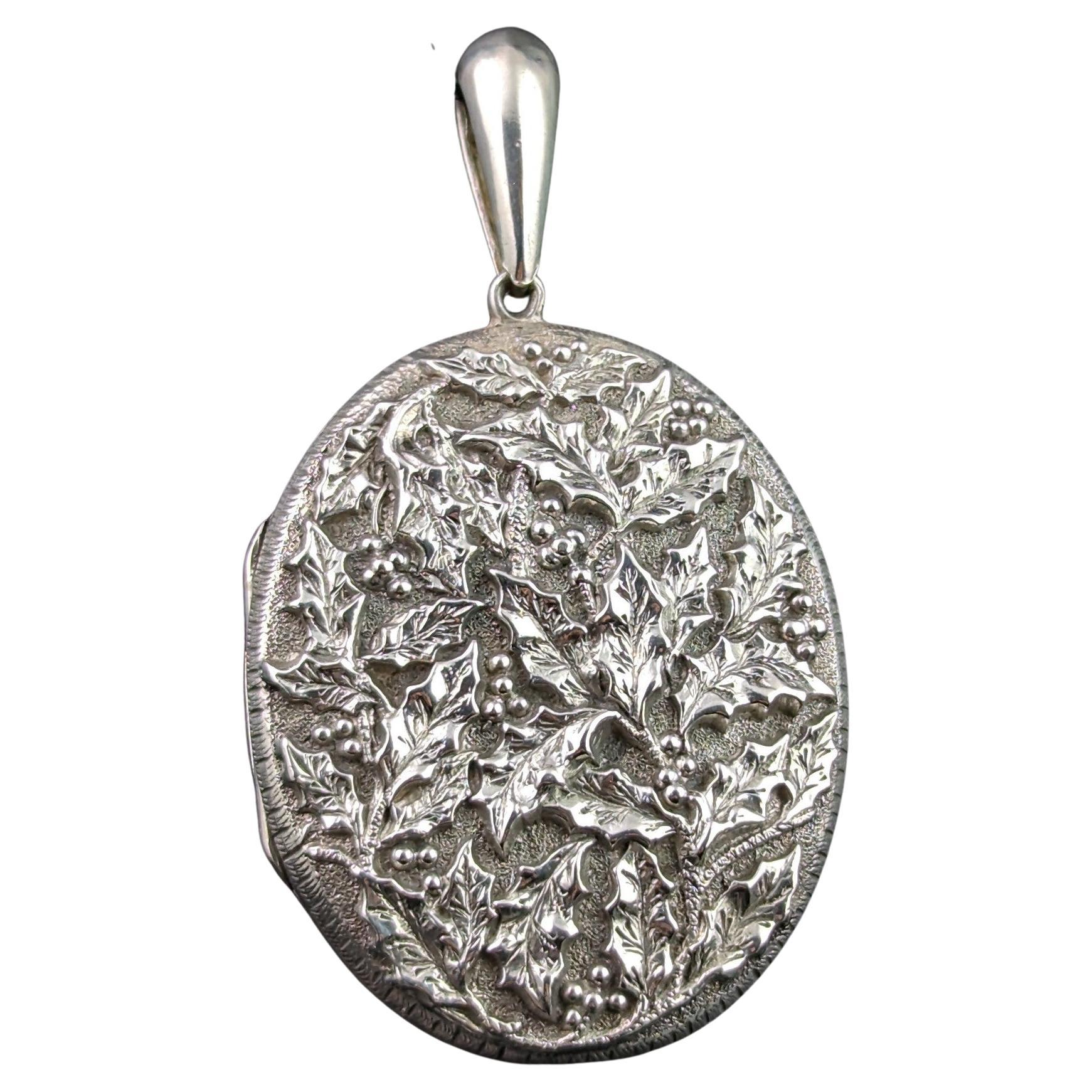 Antique Victorian Silver Locket Pendant, Holly Leaf