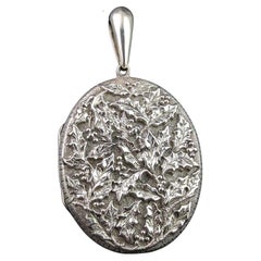 Antique Victorian Silver Locket Pendant, Holly Leaf