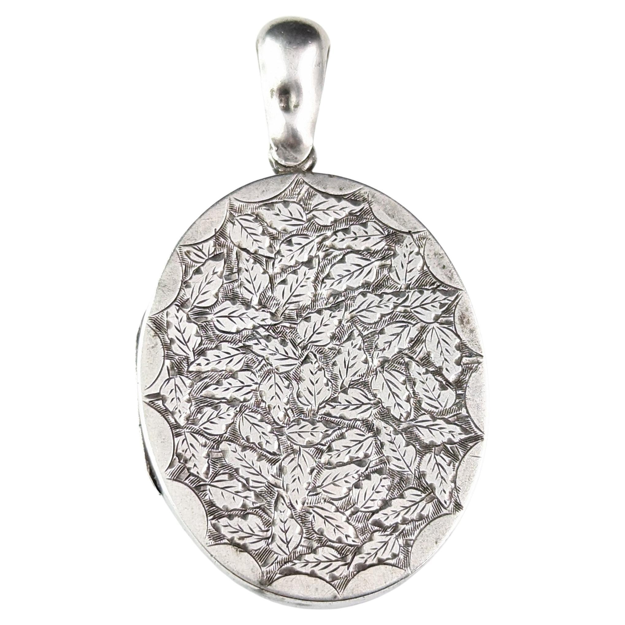 Antique Victorian silver locket pendant, Leaf engraved, Aesthetic 