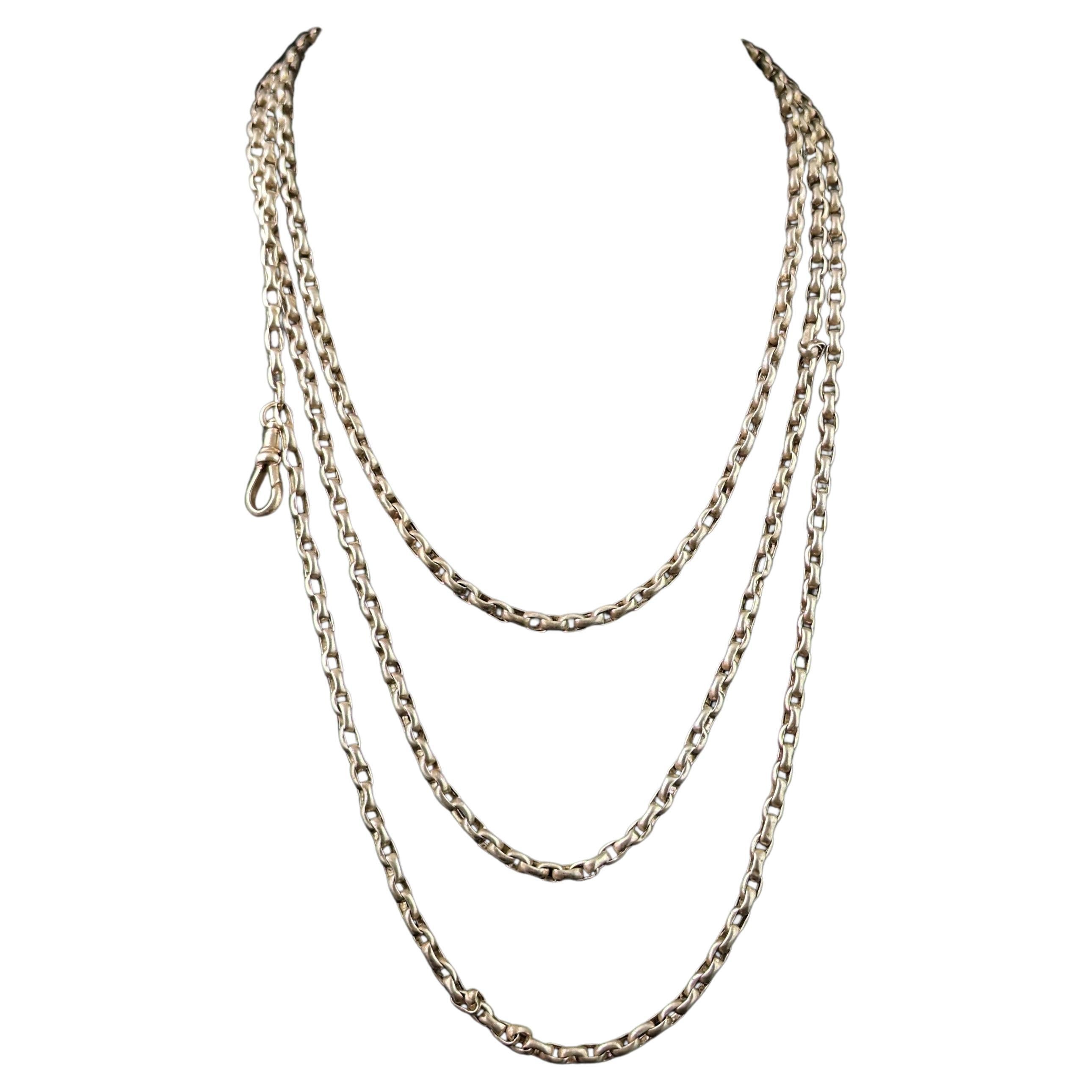 Antique Victorian silver longuard chain necklace, 900 silver  For Sale