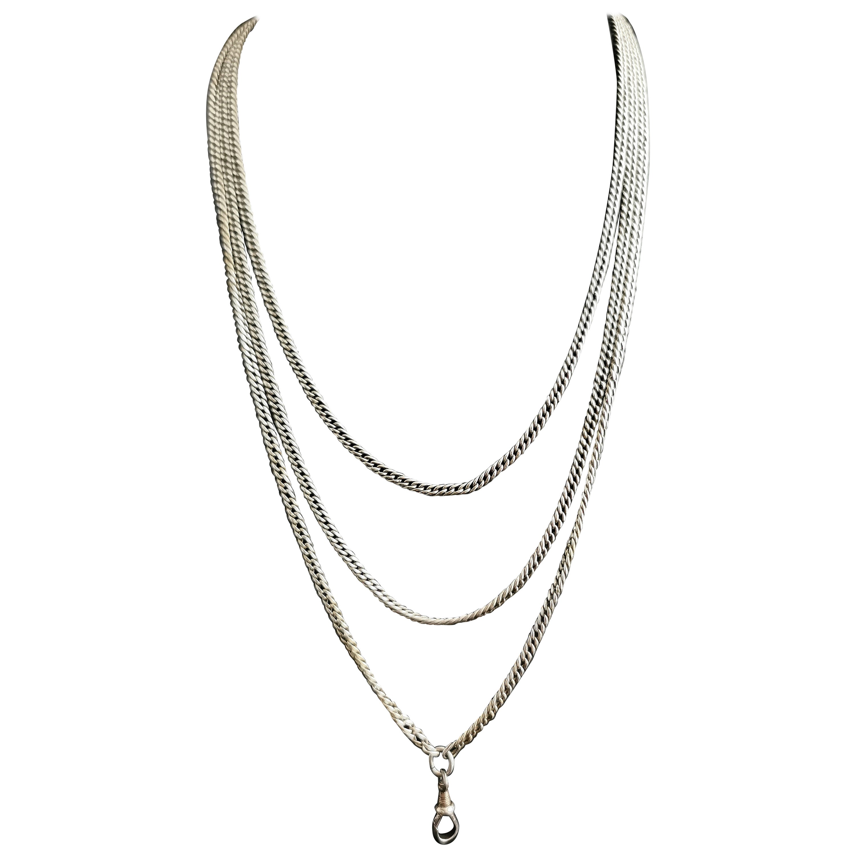Antique Victorian Silver Longuard Chain Necklace, Muff Chain