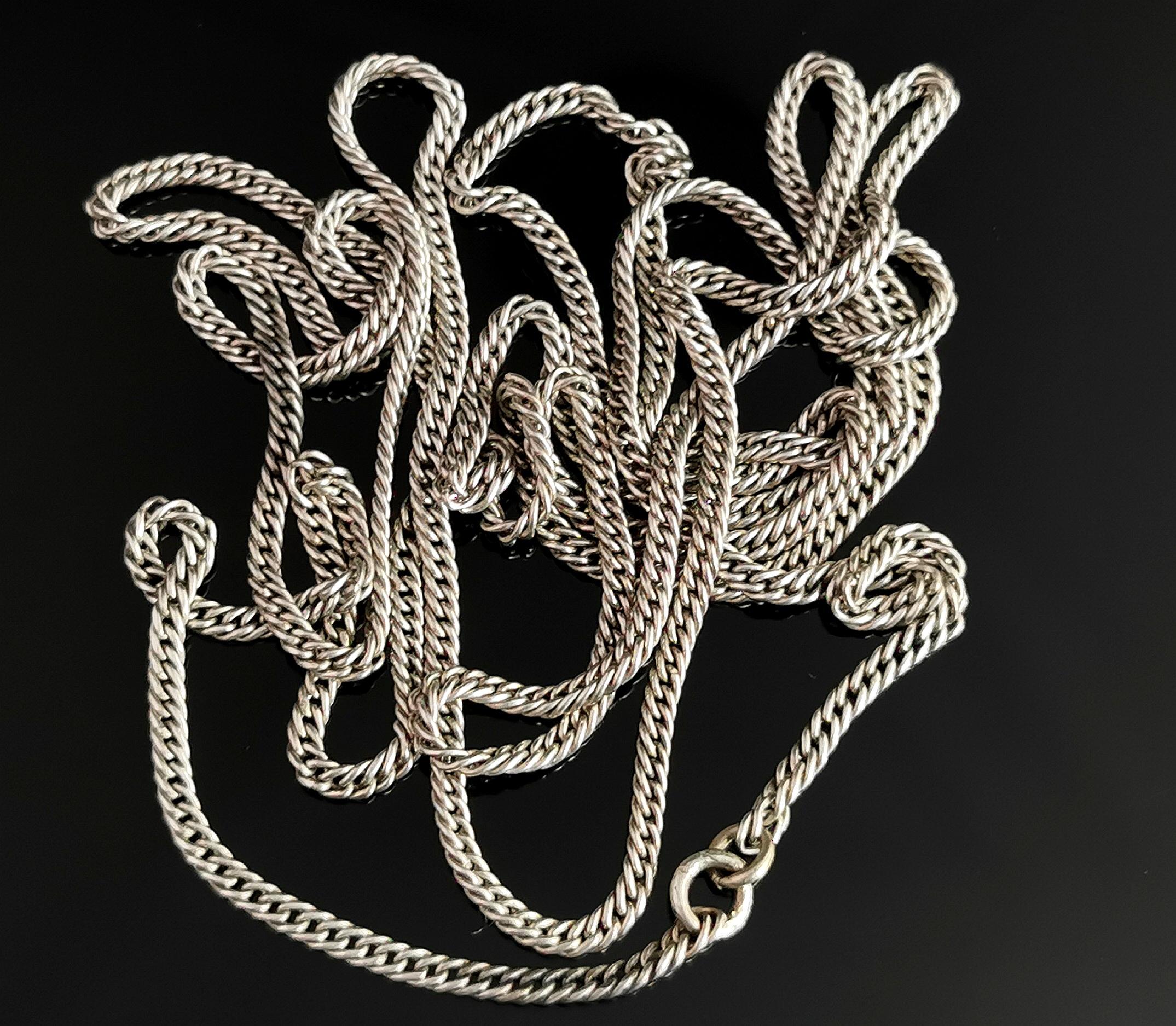 Antique Victorian Silver Longuard Chain Necklace, Victorian, Muff Chain For Sale 4
