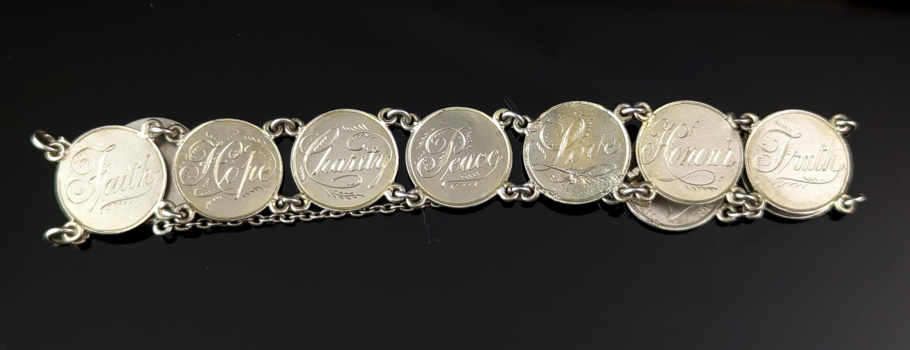 Antikes viktorianisches Silber Liebesbeweis-Armband, Münzarmband  5