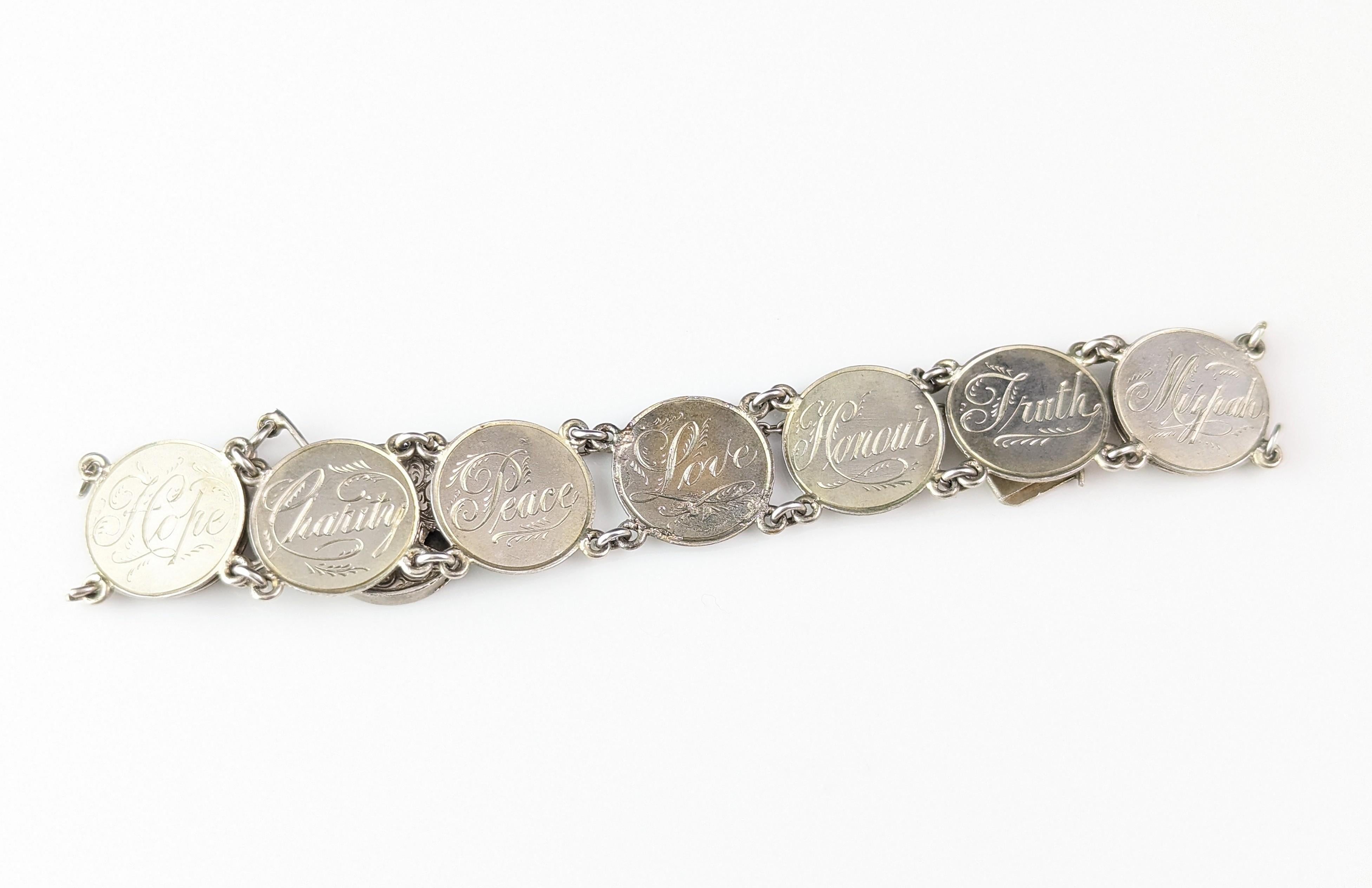 Antikes viktorianisches Silber Liebesbeweis-Armband, Münzarmband  6