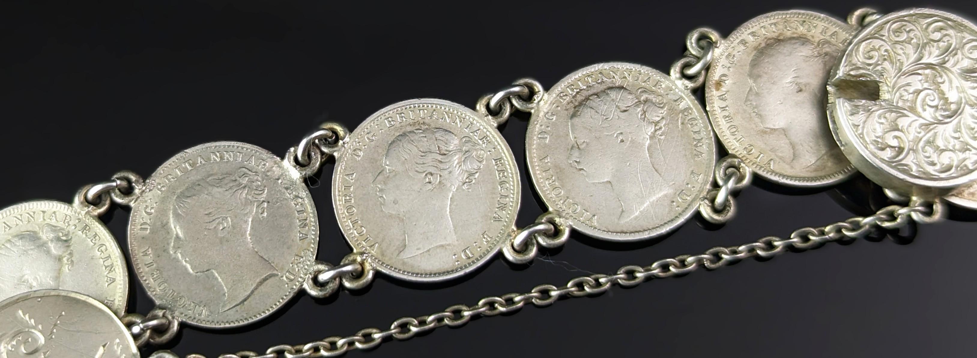 Antikes viktorianisches Silber Liebesbeweis-Armband, Münzarmband  Damen