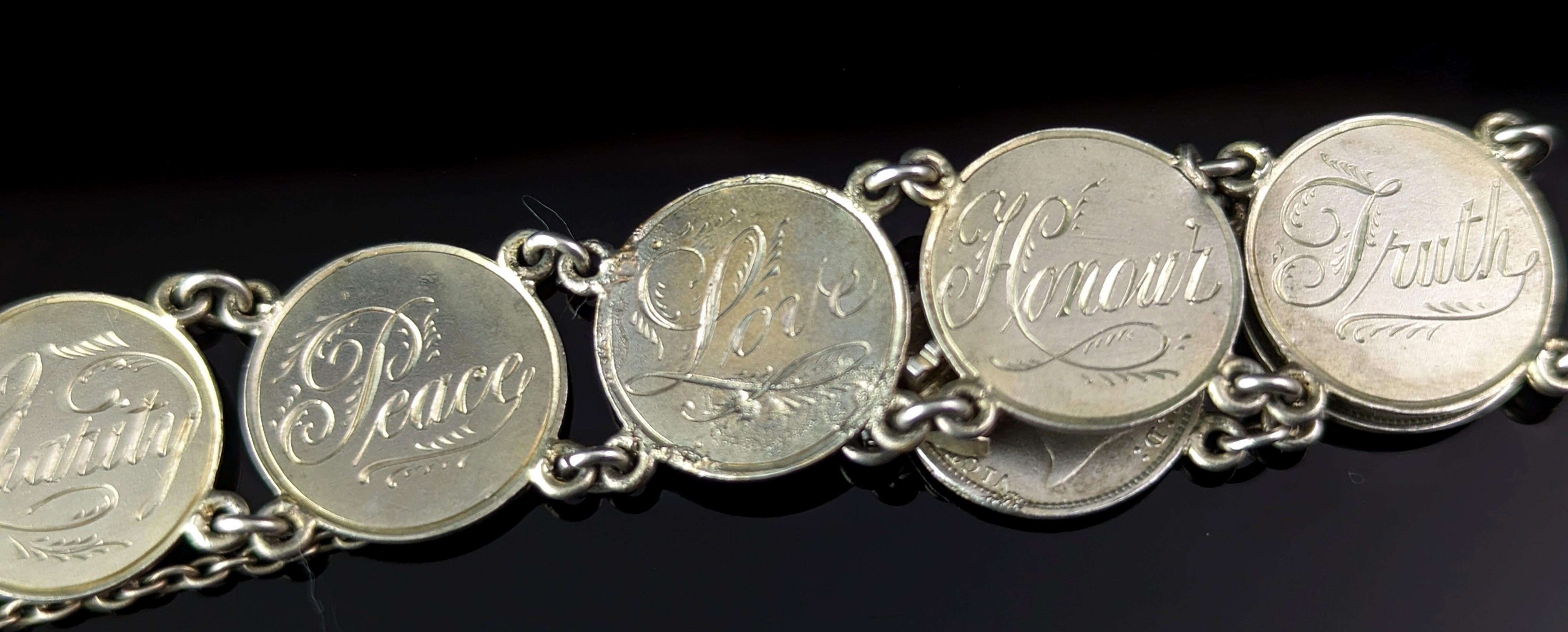Women's Antique Victorian silver Love token bracelet, Coin bracelet 