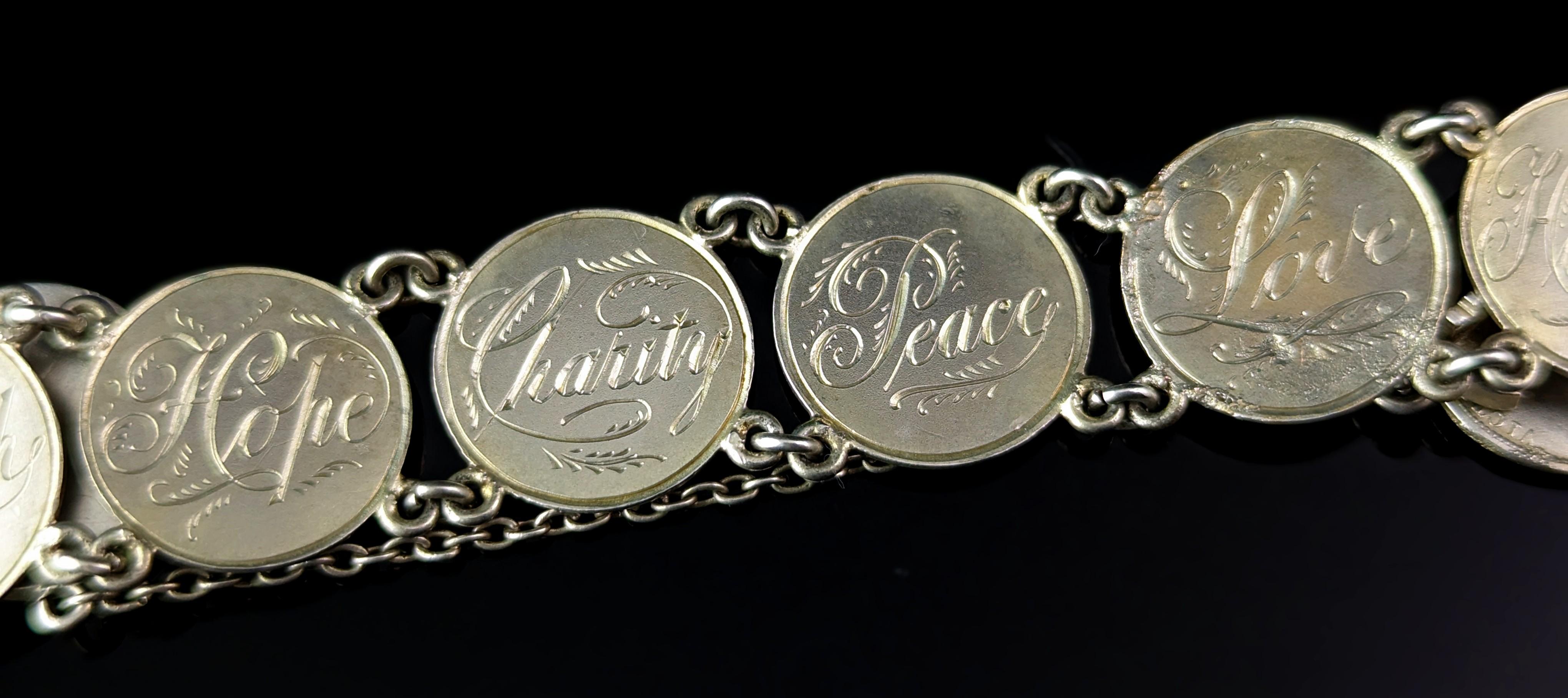 Antique Victorian silver Love token bracelet, Coin bracelet  1