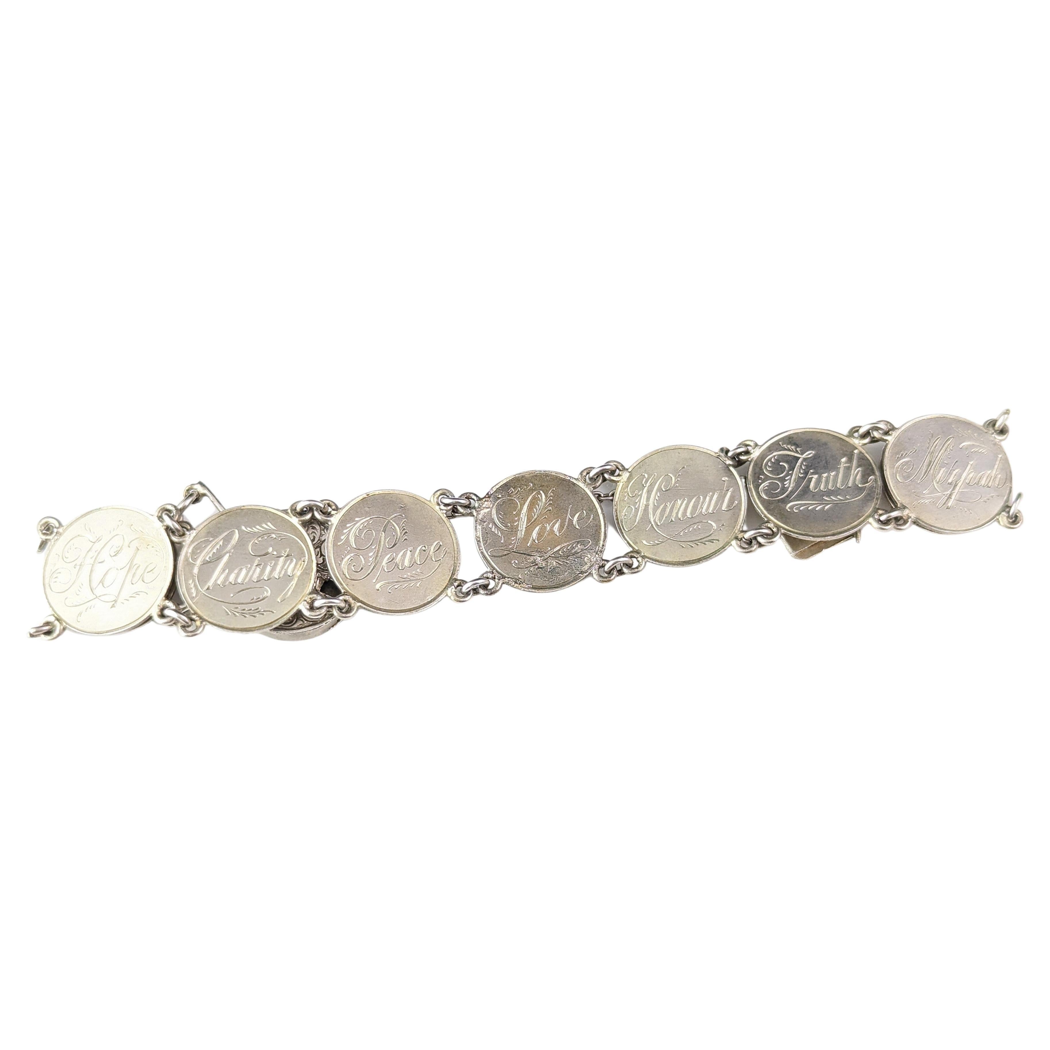 Antikes viktorianisches Silber Liebesbeweis-Armband, Münzarmband 
