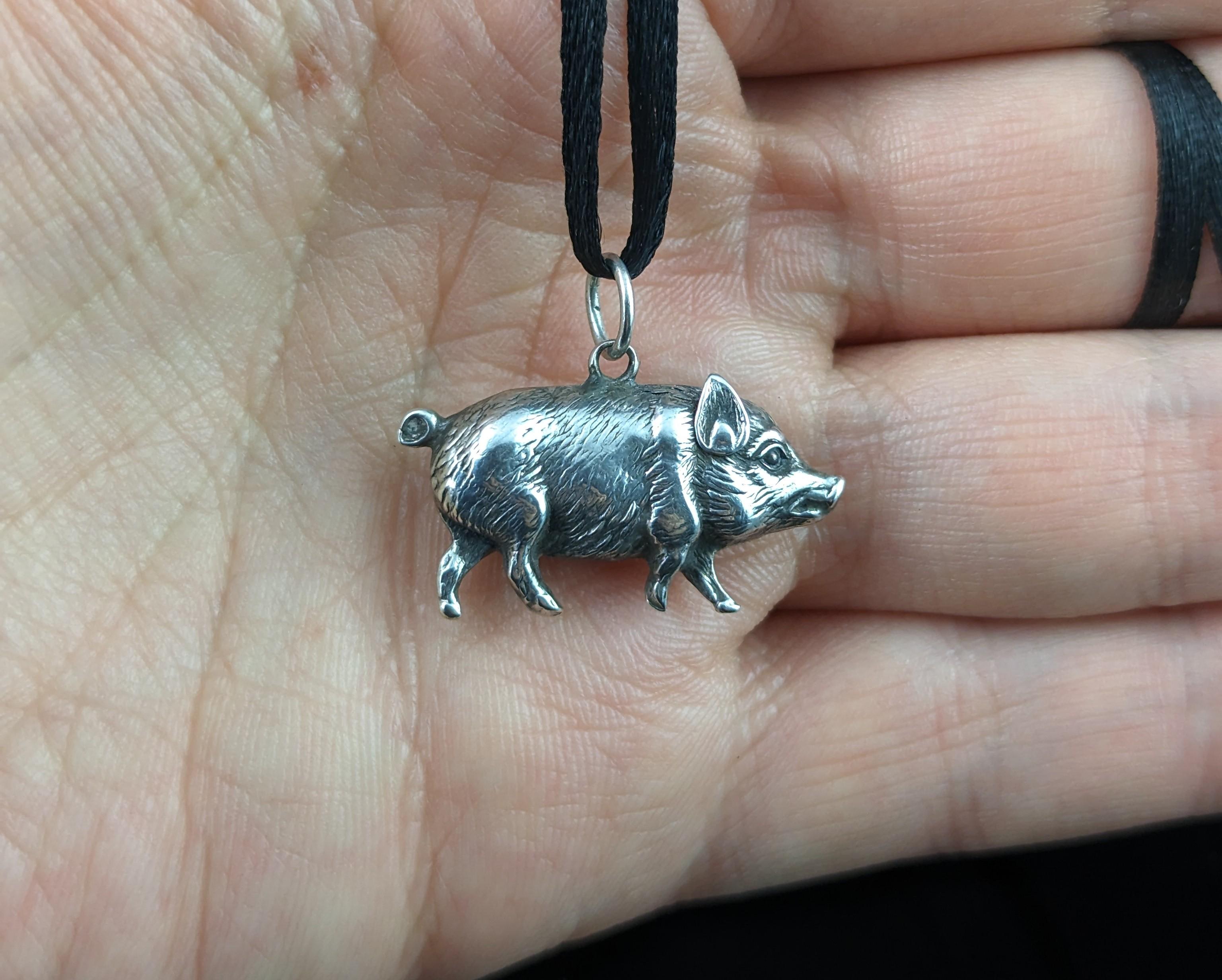 Antique Victorian silver lucky pig pendant  7