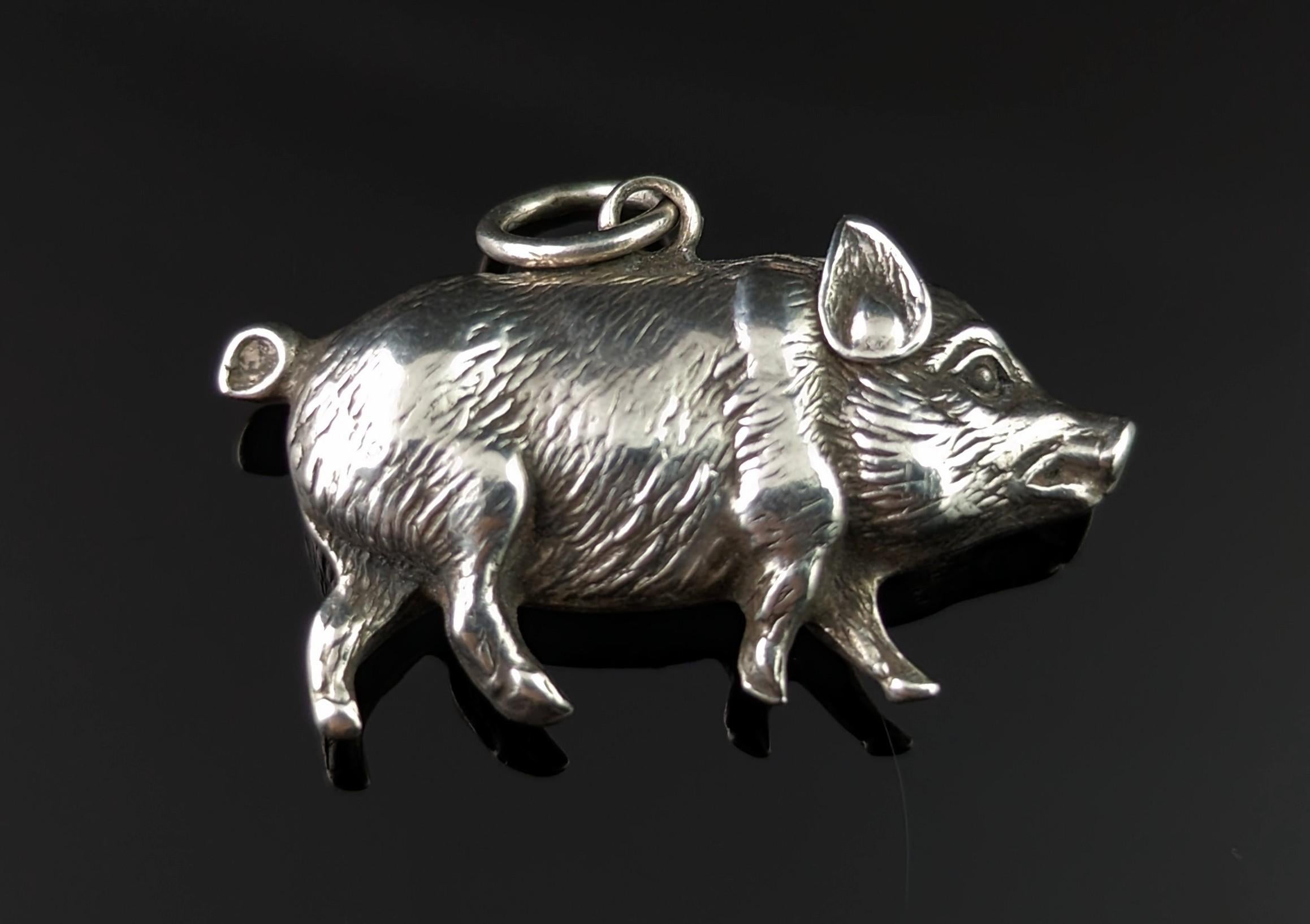 Antique Victorian silver lucky pig pendant  8