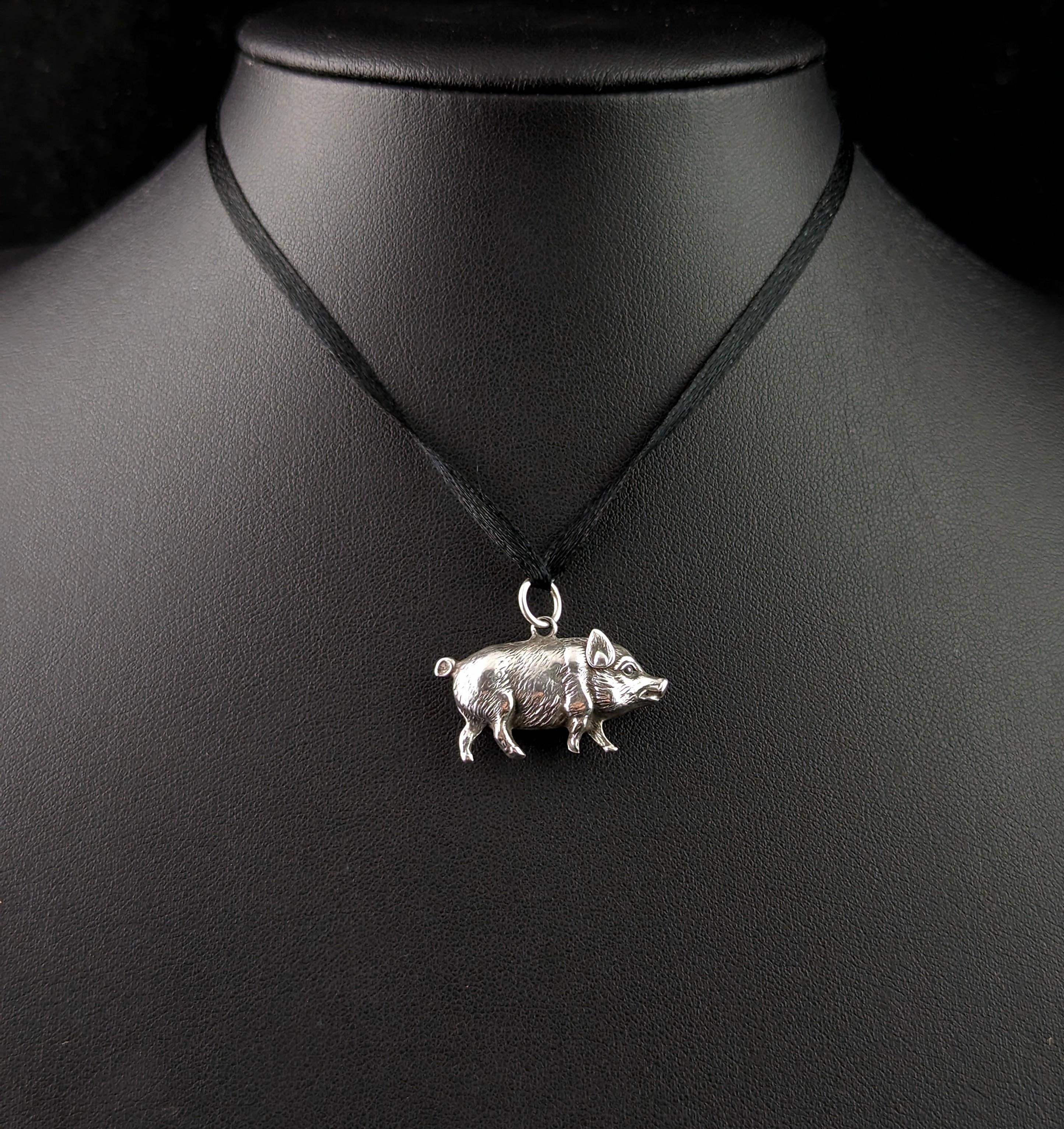 Antique Victorian silver lucky pig pendant  In Good Condition In NEWARK, GB