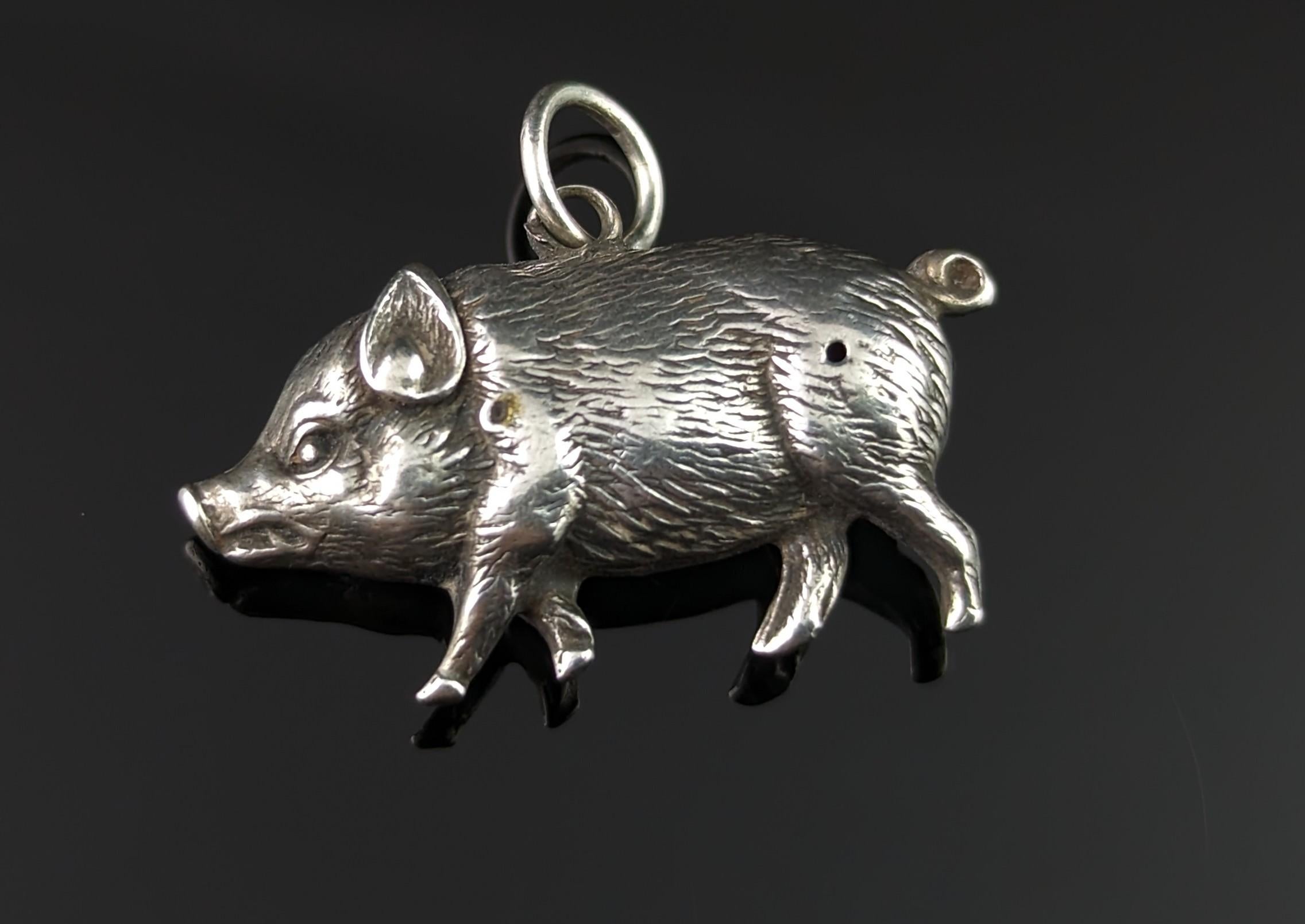 Antique Victorian silver lucky pig pendant  3