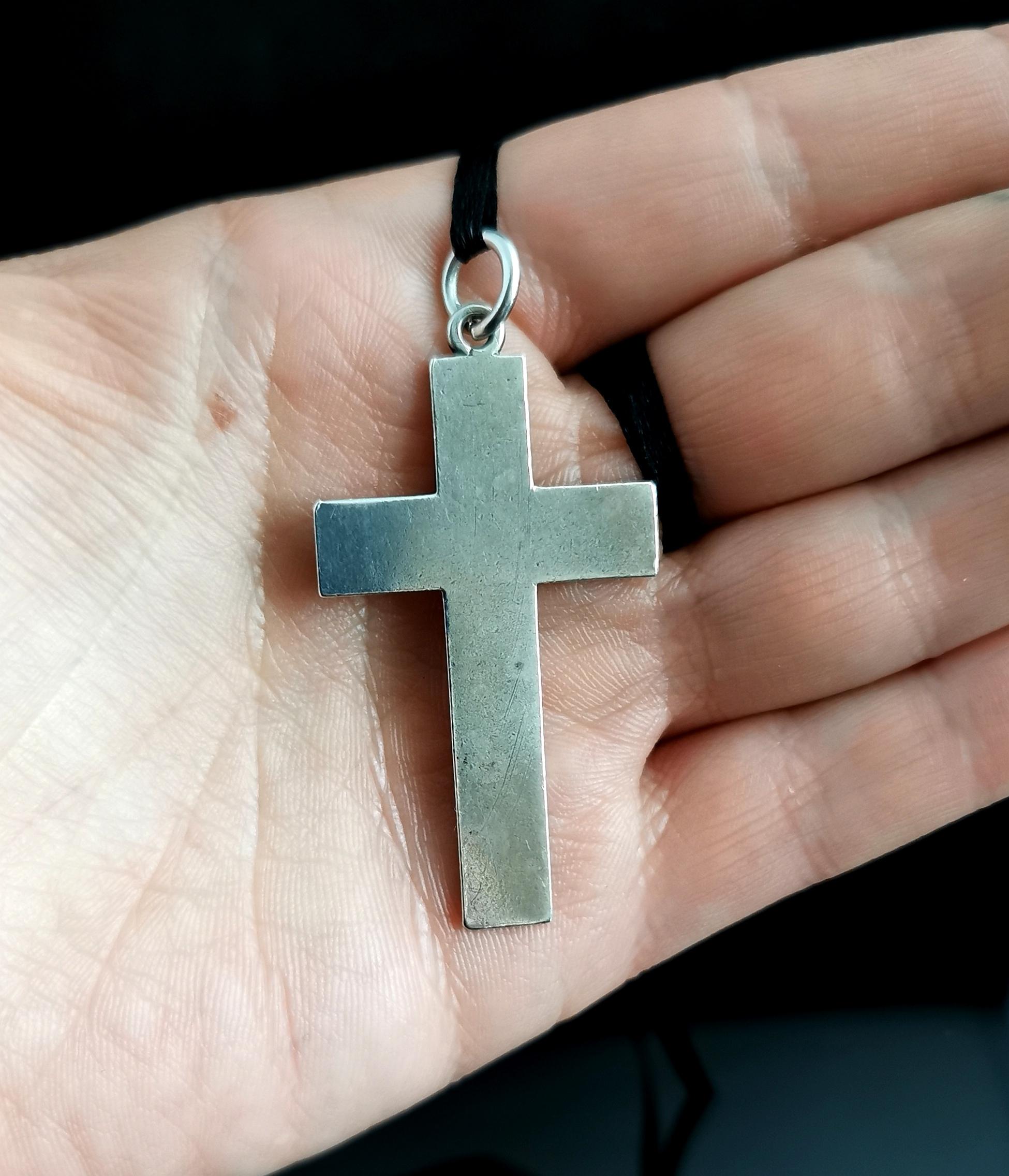 Antique Victorian Silver Mourning Cross Pendant 6