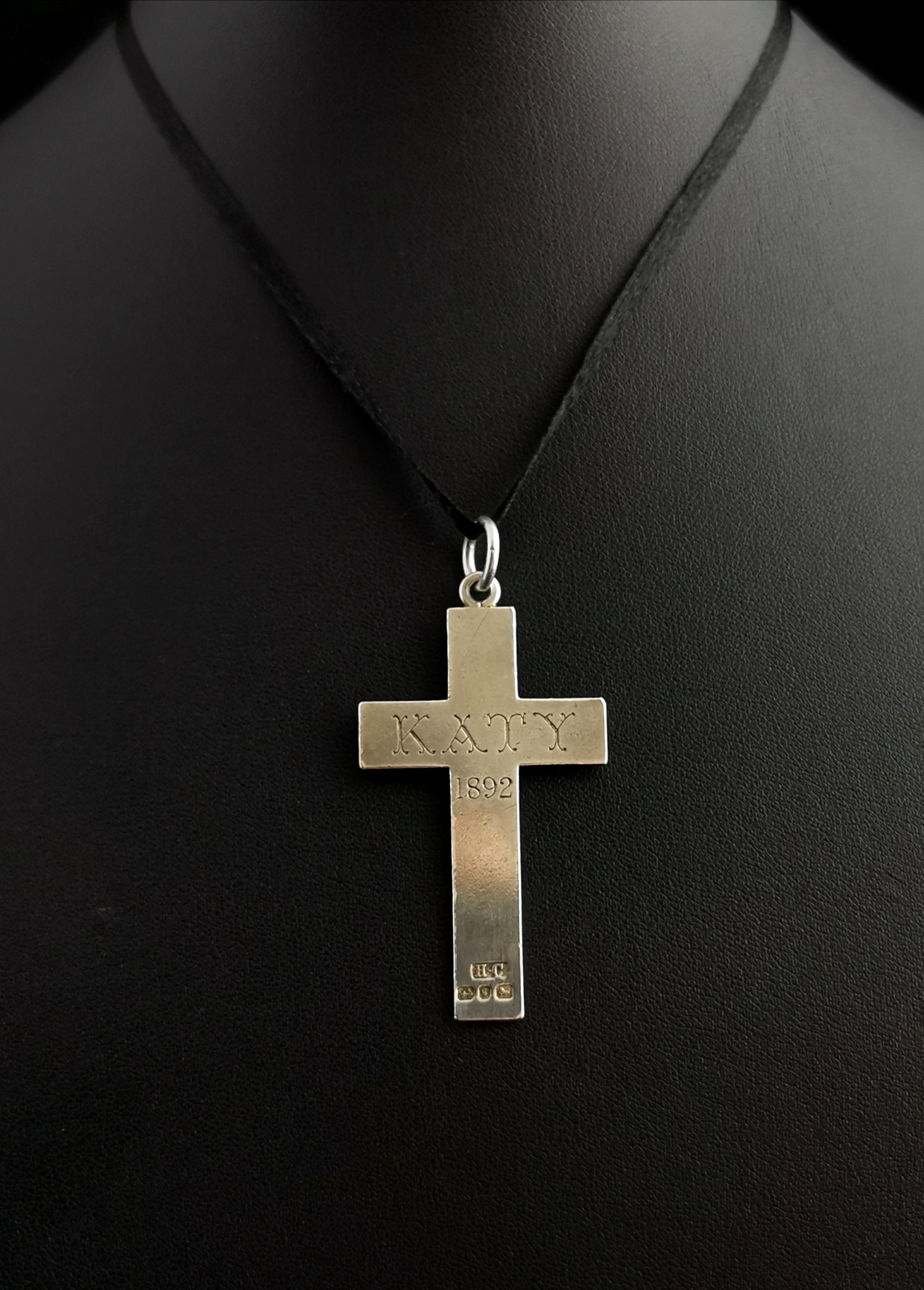 Antique Victorian Silver Mourning Cross Pendant 5