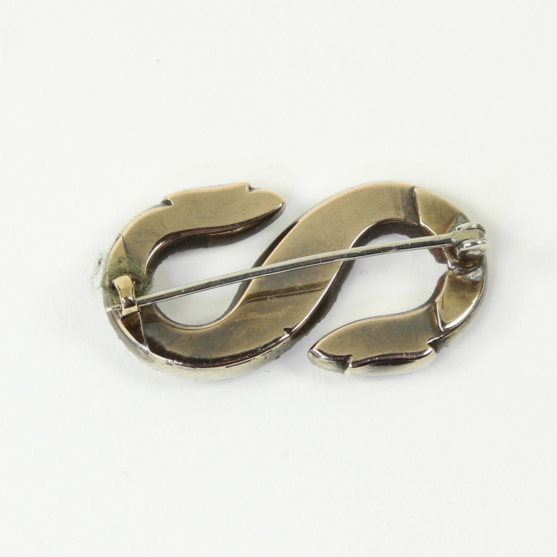 Antique Heirloom Victorian Silver on Gold Double Serpent Snake Brooch Pin In Excellent Condition In Montreal, QC