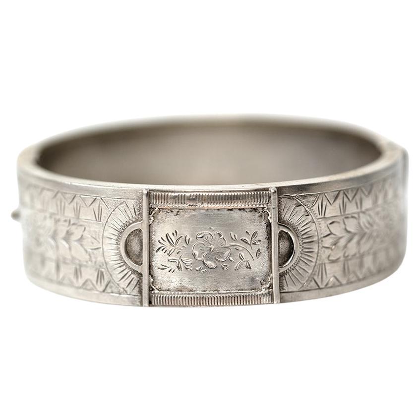 Antique Victorian Silver Oval Ornate Bangle