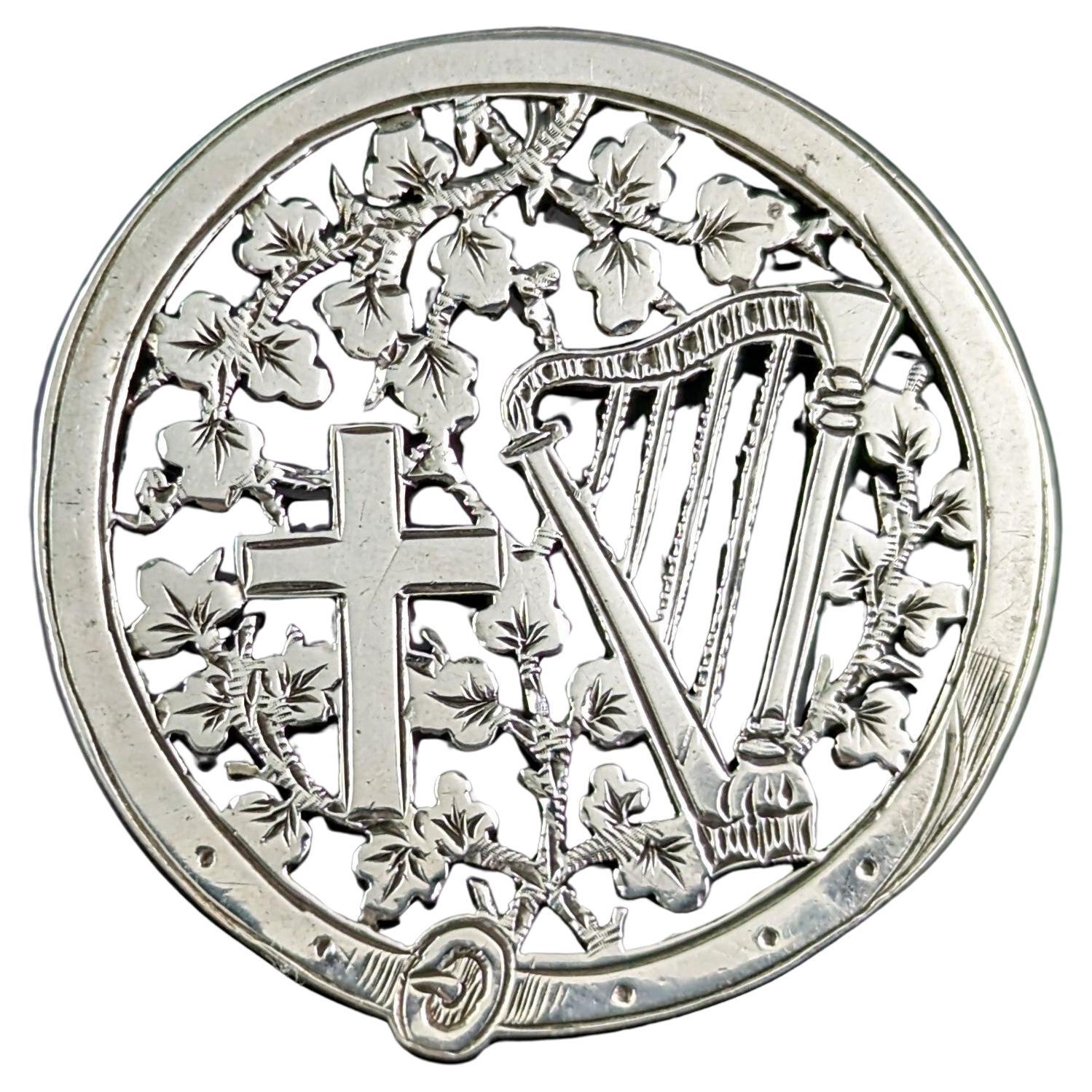 Antique Victorian silver pendant, Harp and Cross 