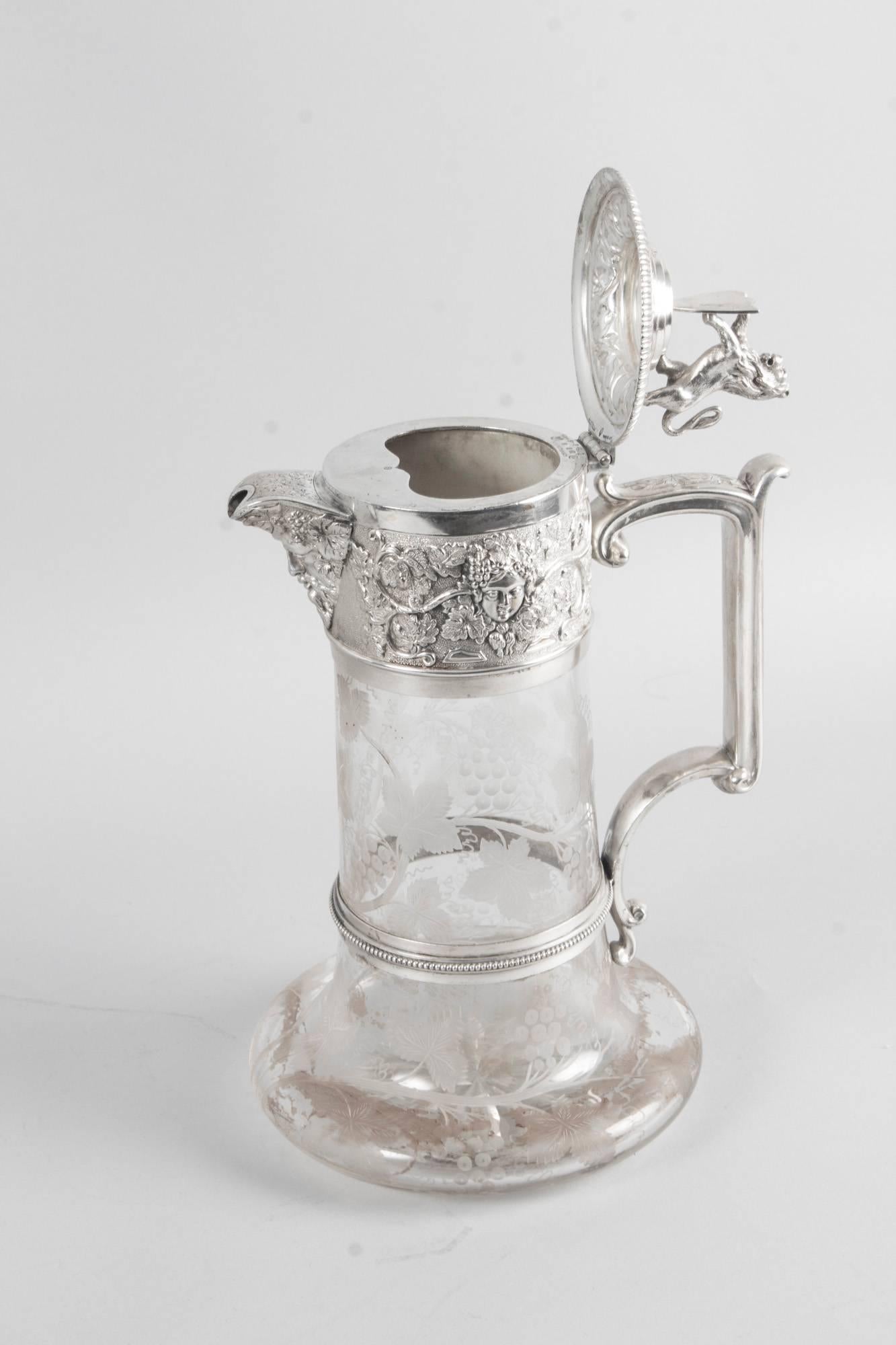 Late 19th Century Antique Victorian Silver Plate and Cut Crystal Claret Jug by Elkington & Co