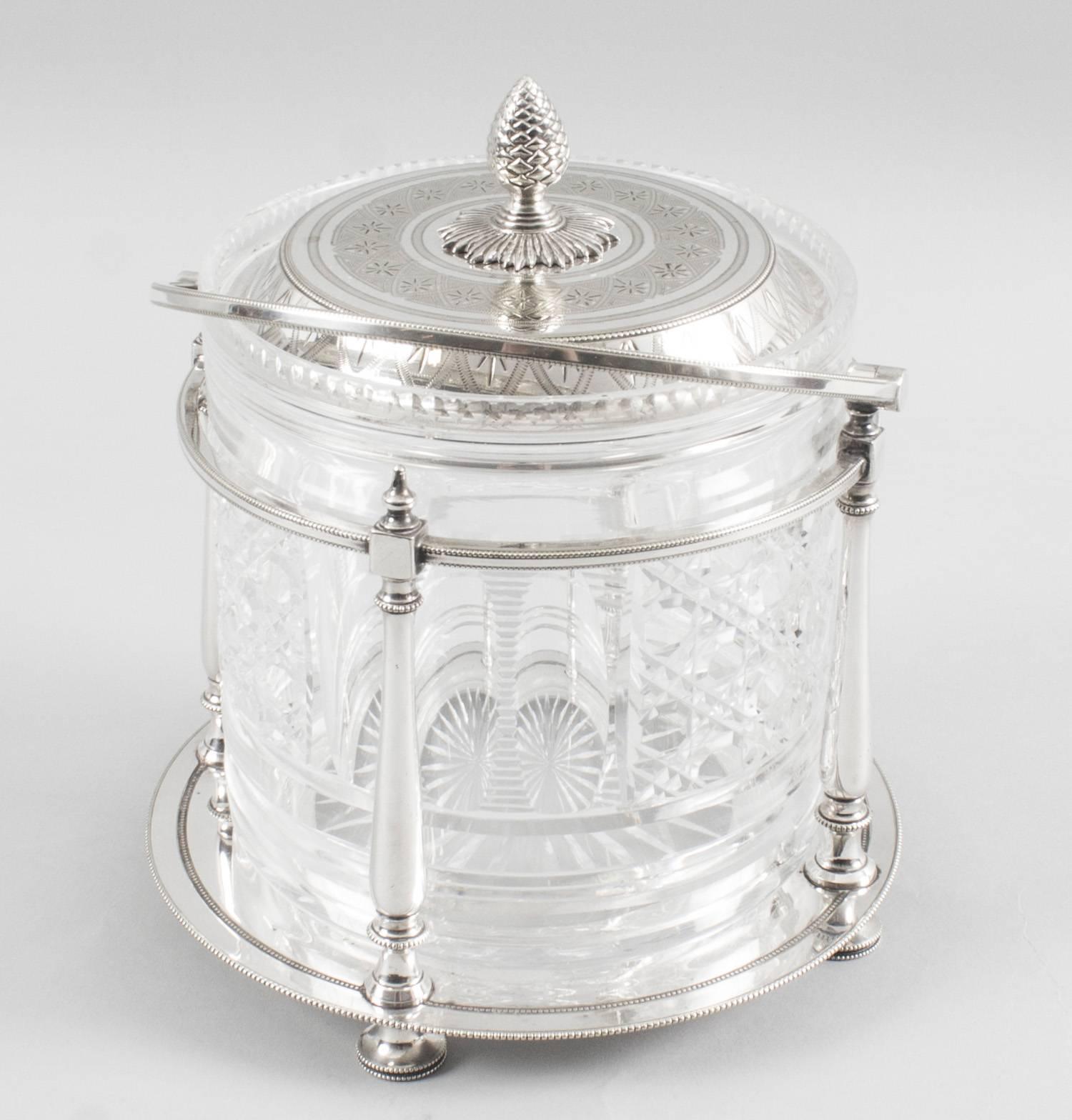 English Antique Victorian Silver Plate and Cut Glass Biscuit Barrel 19th Century