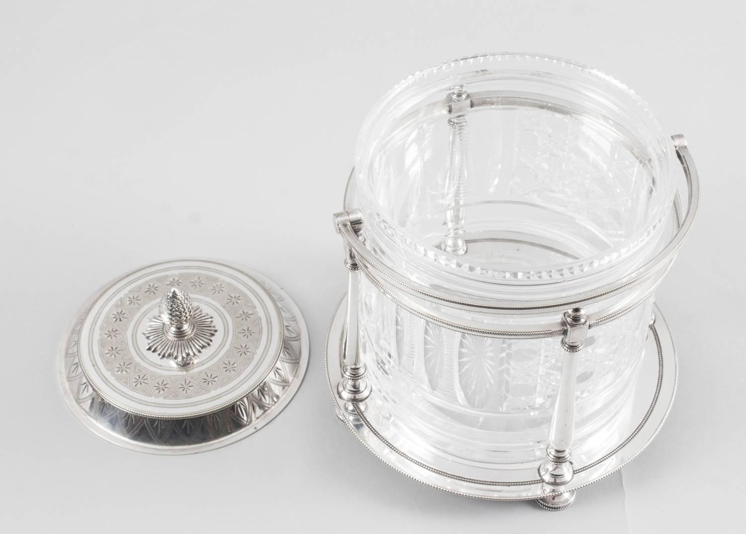 Late 19th Century Antique Victorian Silver Plate and Cut Glass Biscuit Barrel 19th Century