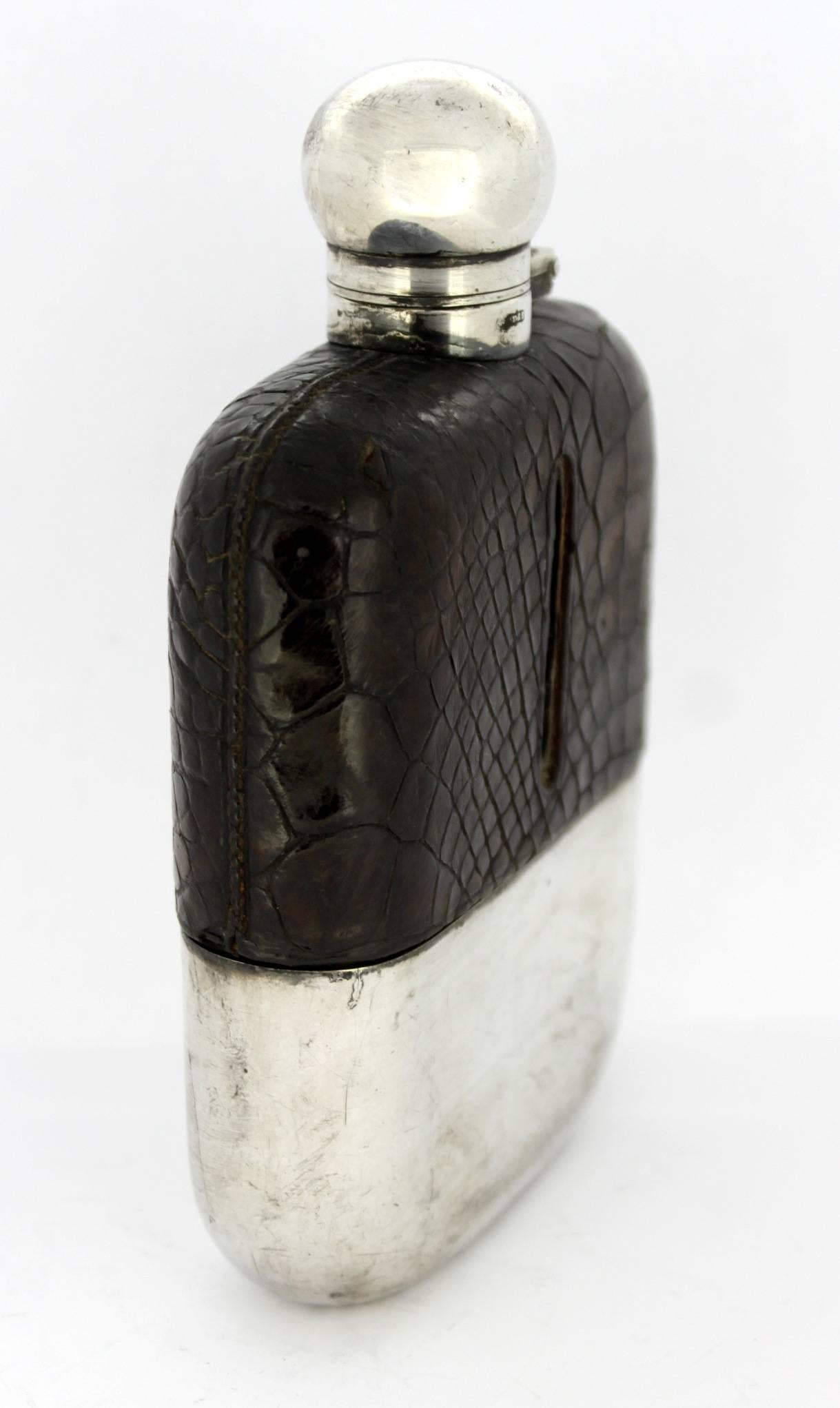 Victorien Antique flasque de poche victorienne en argent et cuir par James Dixon & Sons