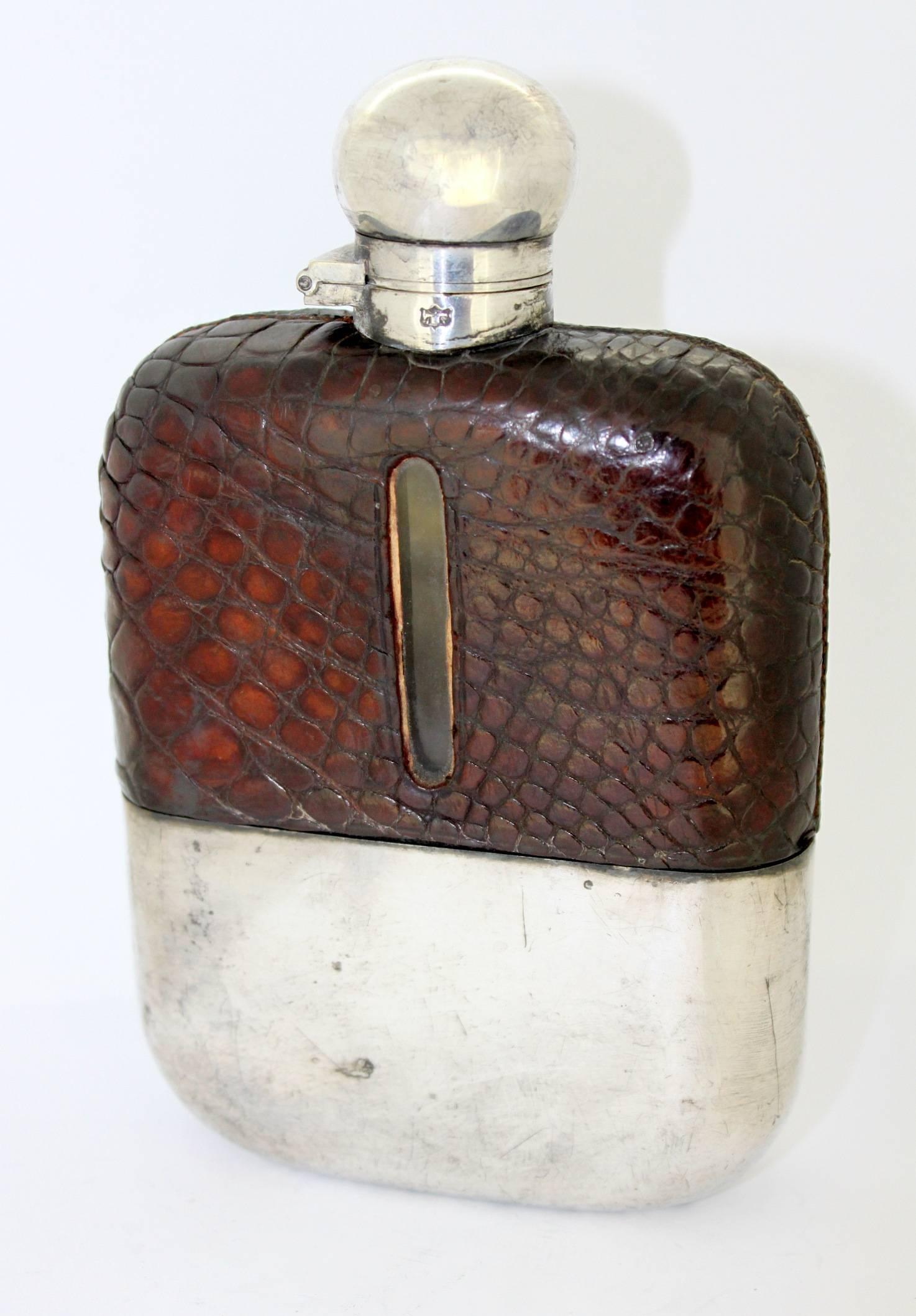 Britannique Antique flasque de poche victorienne en argent et cuir par James Dixon & Sons