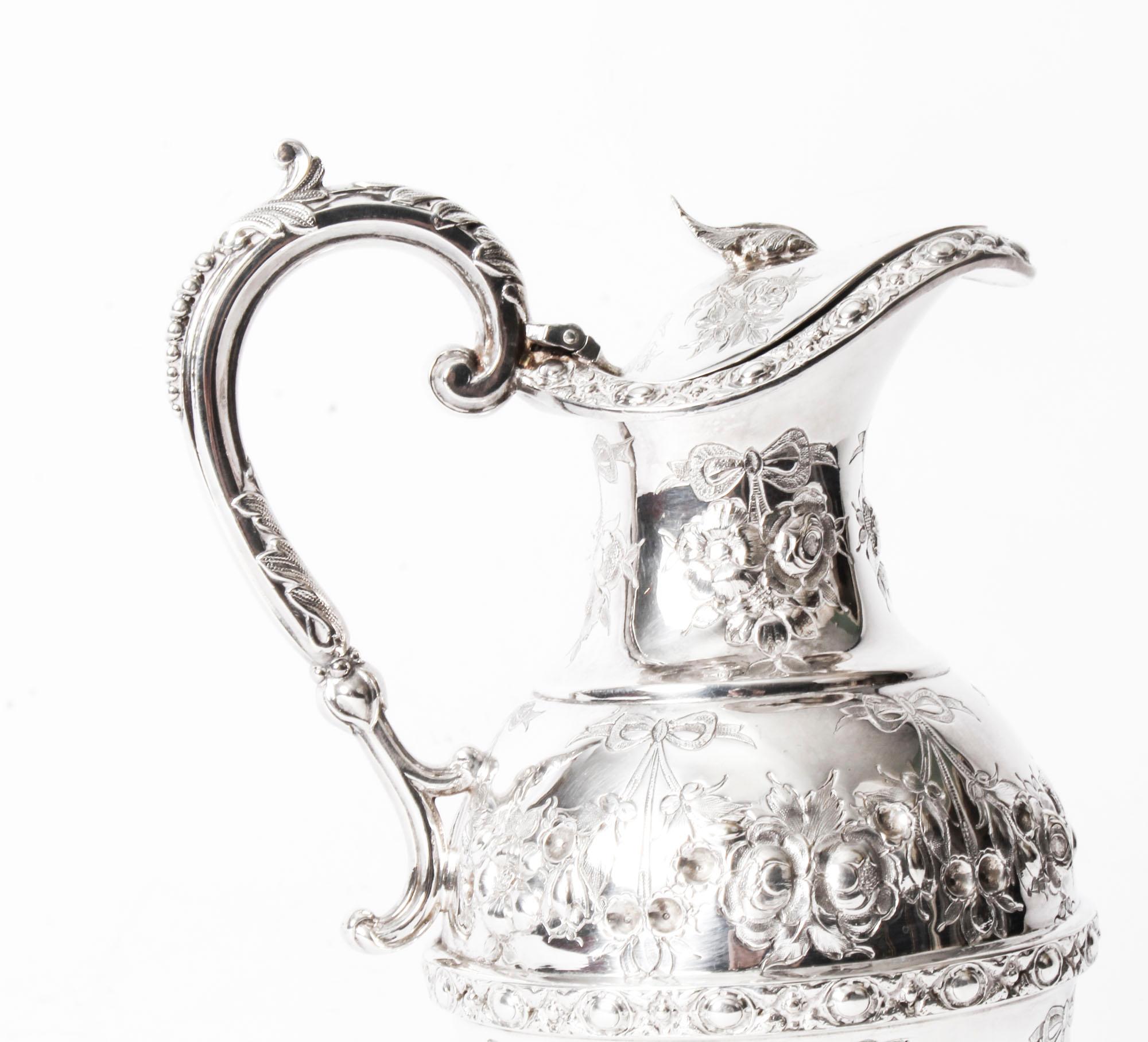 This is a truly stunning English Victorian silver-plated claret jug, bearing the makers' mark of the renowned silversmiths, Martin Hall & Co, Sheffield, circa 1880 in date.
 
This magnificent claret jug has a charming rounded shape, stands on an