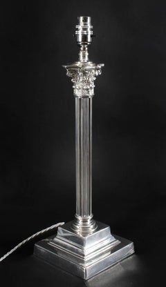 Antique Victorian Silver Plate Corinthian Column Table Lamp 19th Century