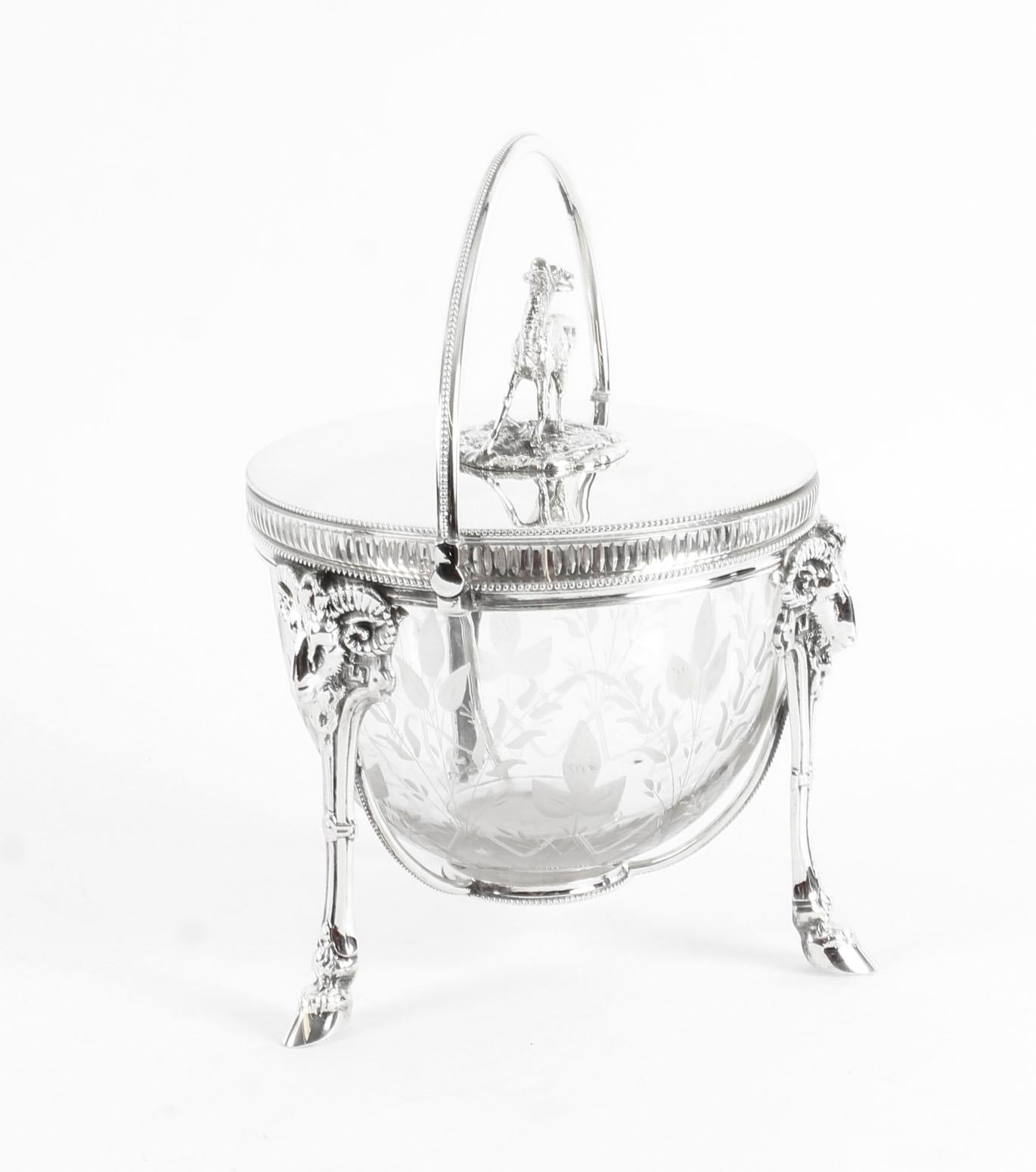English Antique Victorian Silver Plate Crystal Biscuit Sweets Box, 19th Century