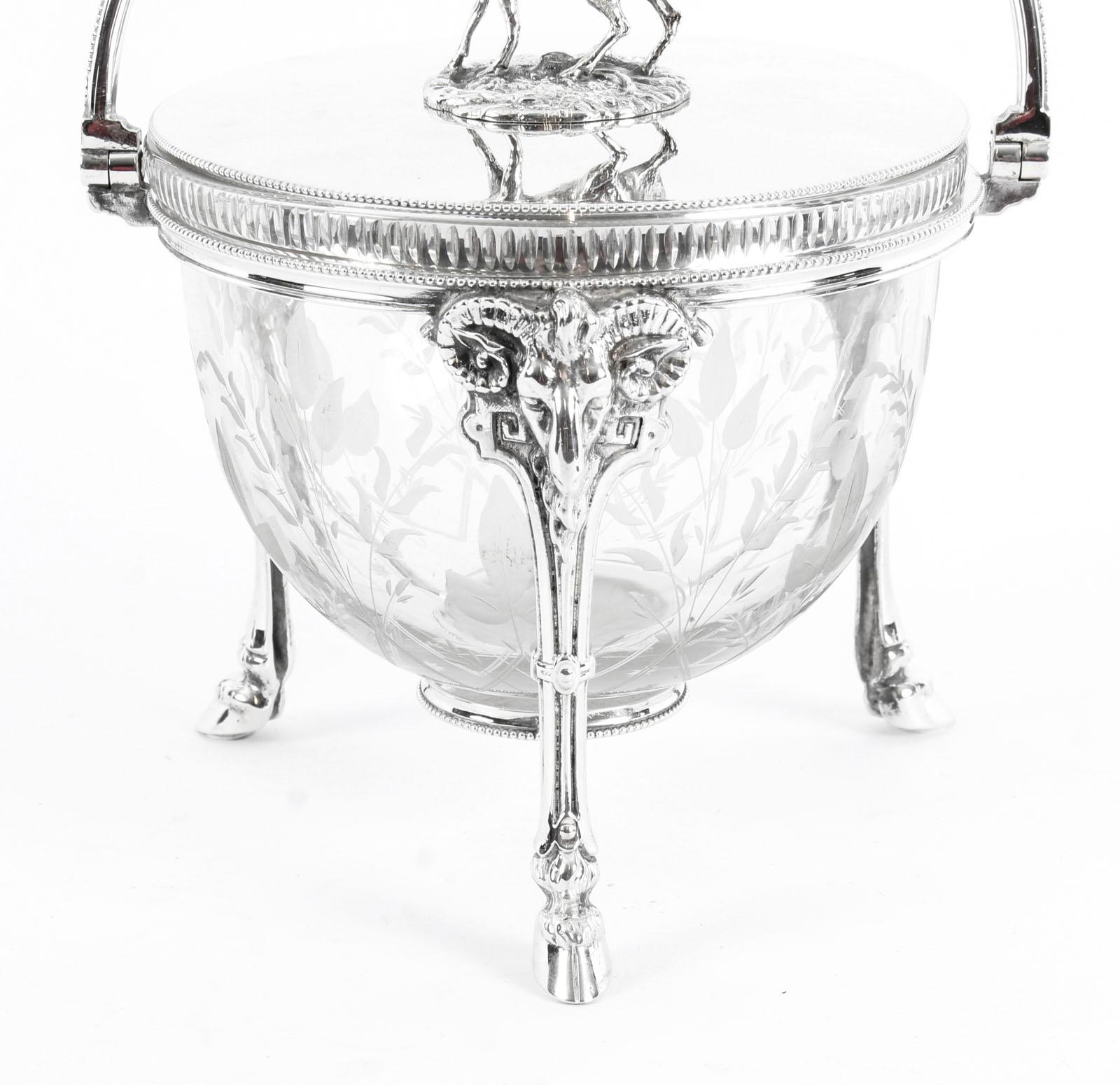 Antique Victorian Silver Plate Crystal Biscuit Sweets Box, 19th Century In Good Condition In London, GB