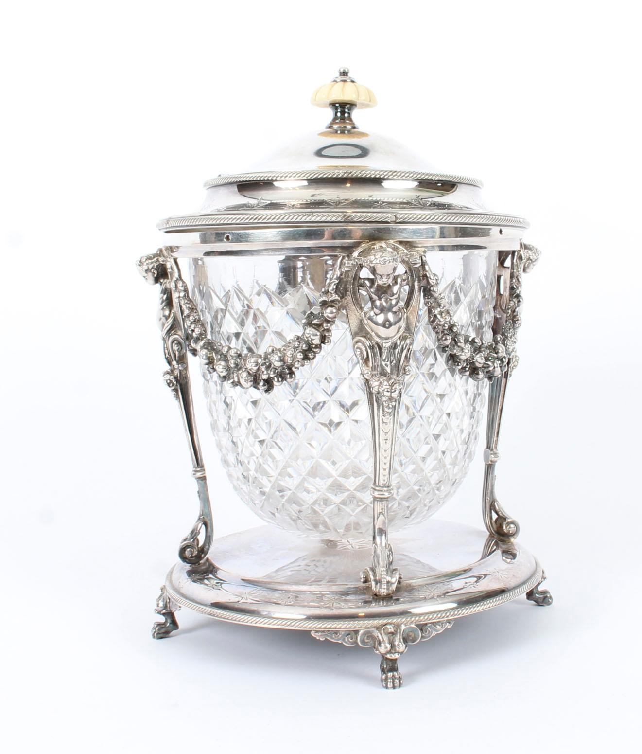 Victorian Silver Plate & Cut Glass Biscuit Barrel by Elkington 19th Century 15