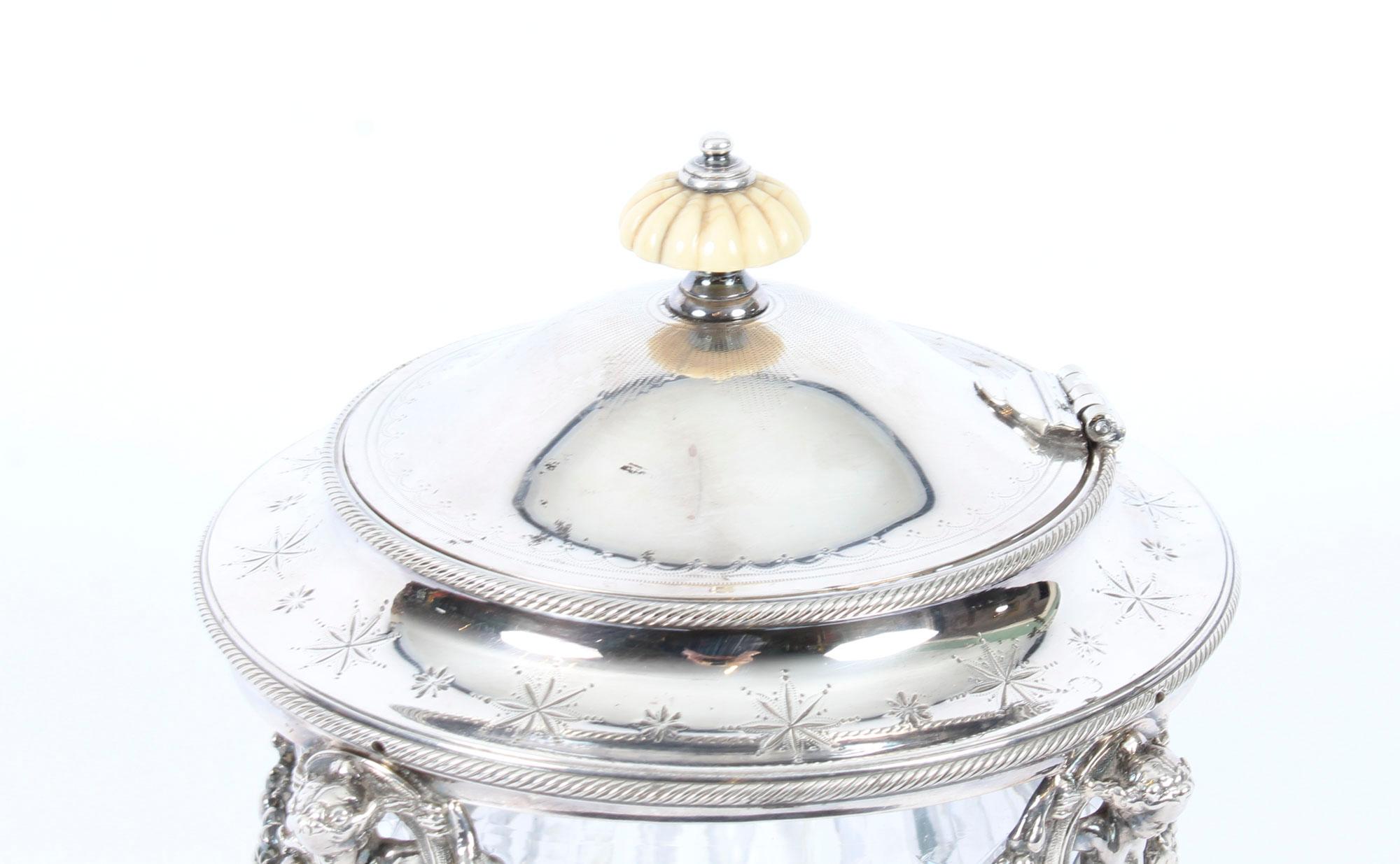 English Victorian Silver Plate & Cut Glass Biscuit Barrel by Elkington 19th Century