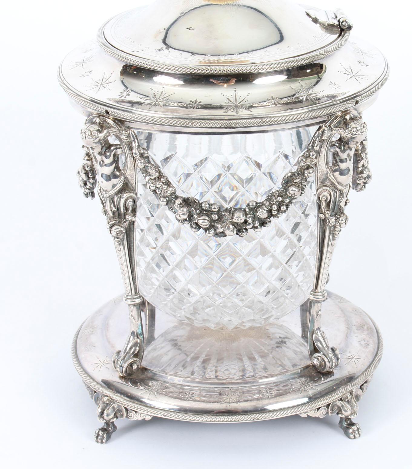Victorian Silver Plate & Cut Glass Biscuit Barrel by Elkington 19th Century In Good Condition In London, GB