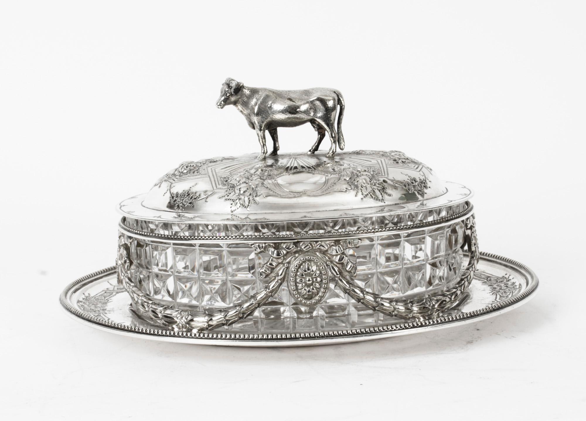 Antique Victorian Silver Plate & Cut Glass Butter Dish Martin Hall 19th Century 5