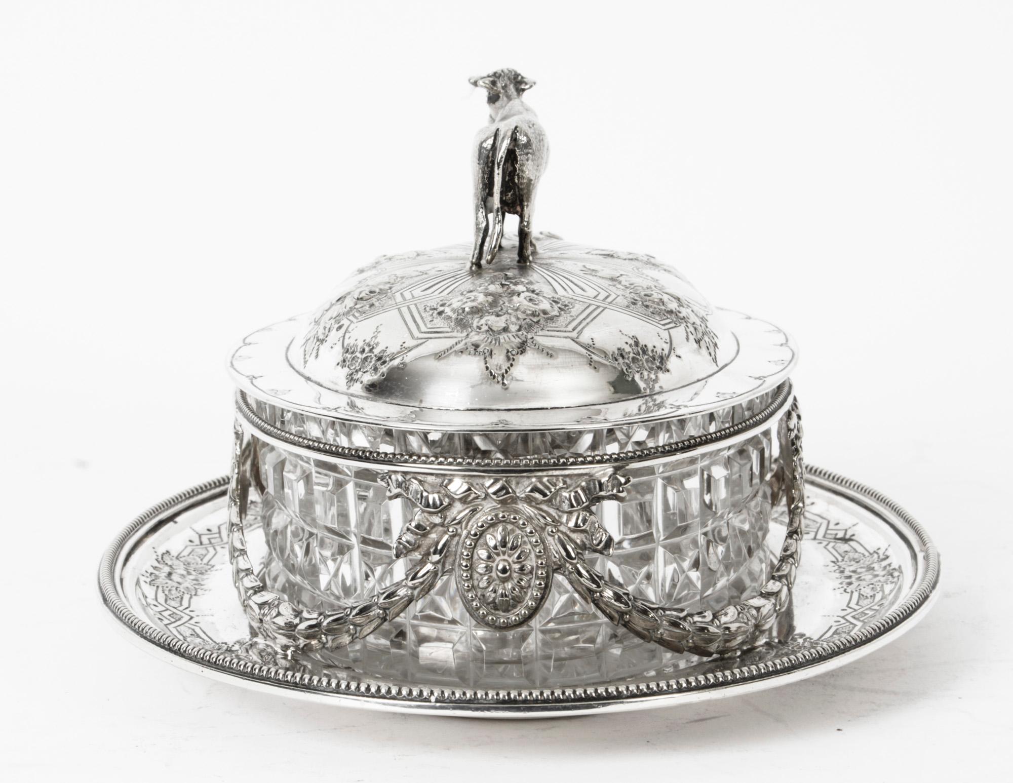 Late 19th Century Antique Victorian Silver Plate & Cut Glass Butter Dish Martin Hall 19th Century