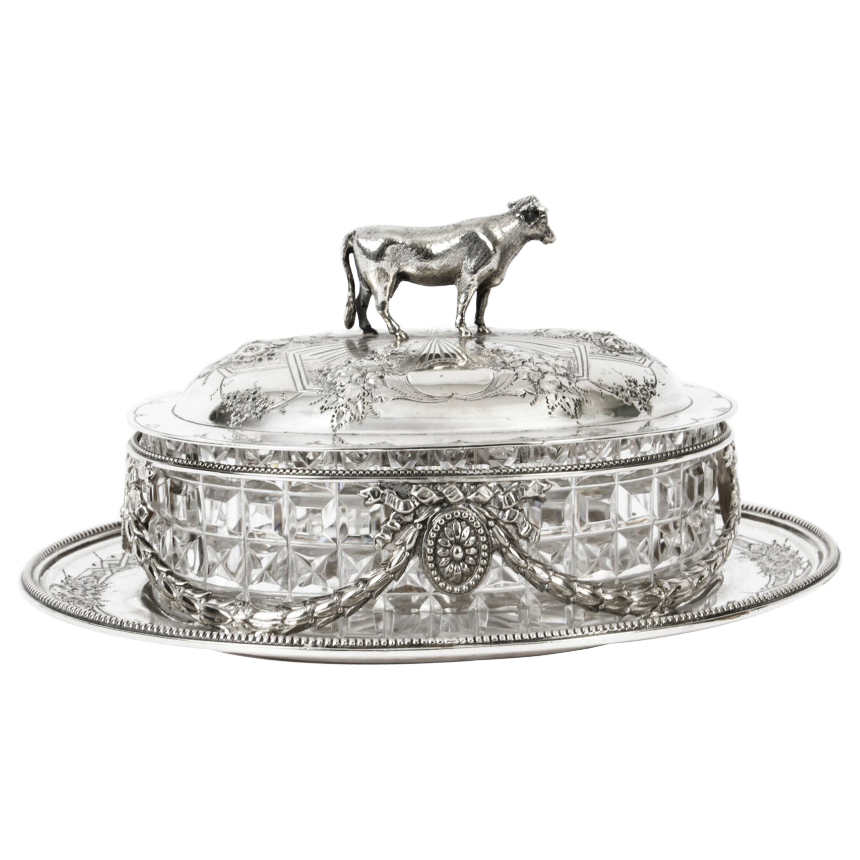 Antique Victorian Silver Plate & Cut Glass Butter Dish Martin Hall 19th Century