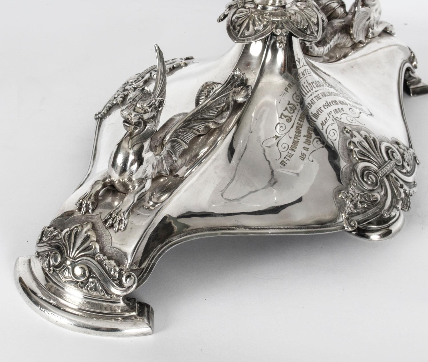Antique Victorian Silver-Plate Dragons Centerpiece Elkington Cut Crystal 19th C 4