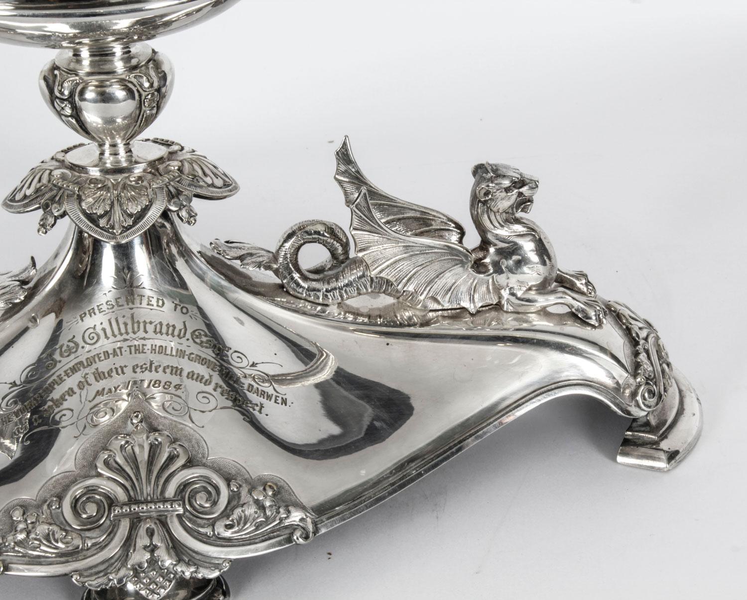 Antique Victorian Silver-Plate Dragons Centerpiece Elkington Cut Crystal 19th C 5