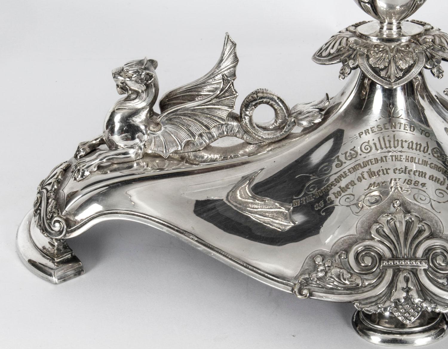 Antique Victorian Silver-Plate Dragons Centerpiece Elkington Cut Crystal 19th C 6