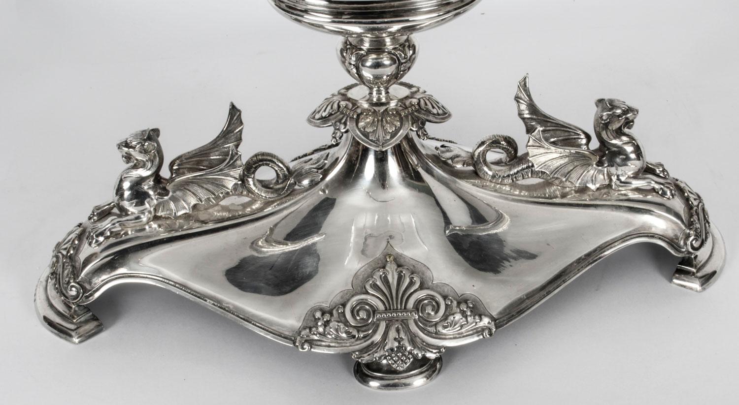 Antique Victorian Silver-Plate Dragons Centerpiece Elkington Cut Crystal 19th C 7