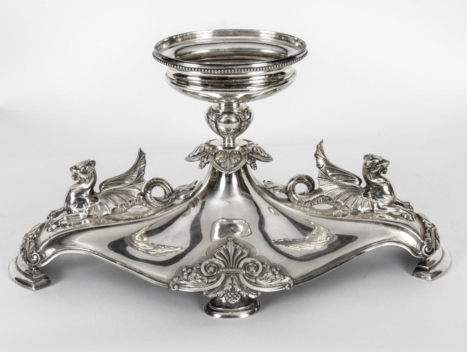 Antique Victorian Silver-Plate Dragons Centerpiece Elkington Cut Crystal 19th C 9