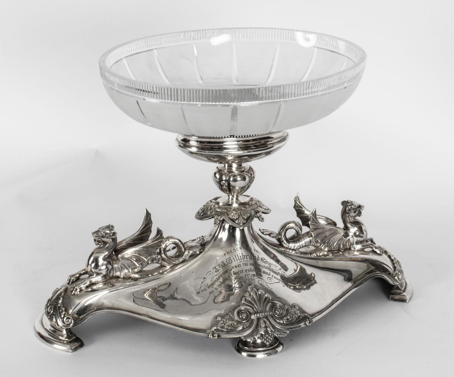 This is an exquisite antique silver-plated Victorian centrepiece by the renowned silversmiths Elkington & Co, circa 1860 in date.
 
There is no mistaking the unique quality and design of this gorgeous centrepiece which features an unusual base