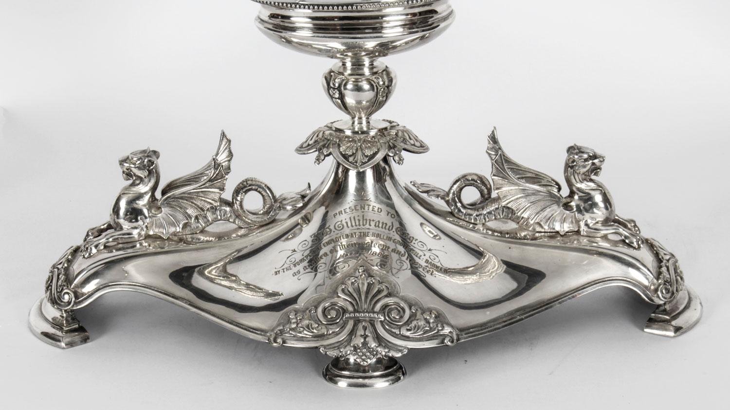 Antique Victorian Silver-Plate Dragons Centerpiece Elkington Cut Crystal 19th C 2