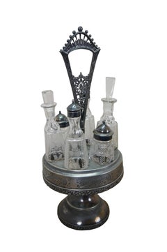 Antique Victorian Silver Plate Floral Etched Rotating Cruet Condiment Set 19"