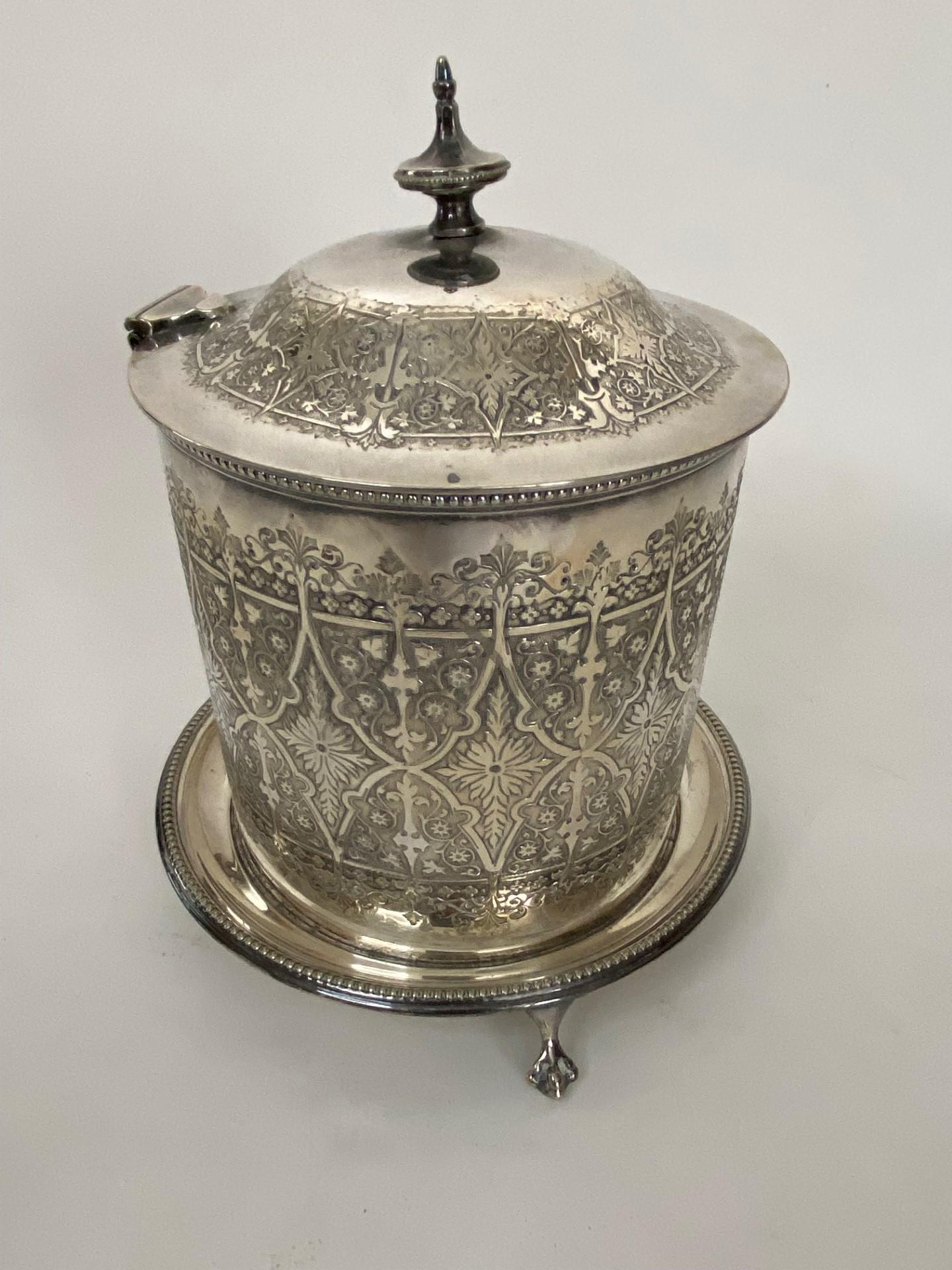 19th Century Antique Victorian Silver Plate Round Engraved Biscuit Barrel with Hinged Lid  For Sale